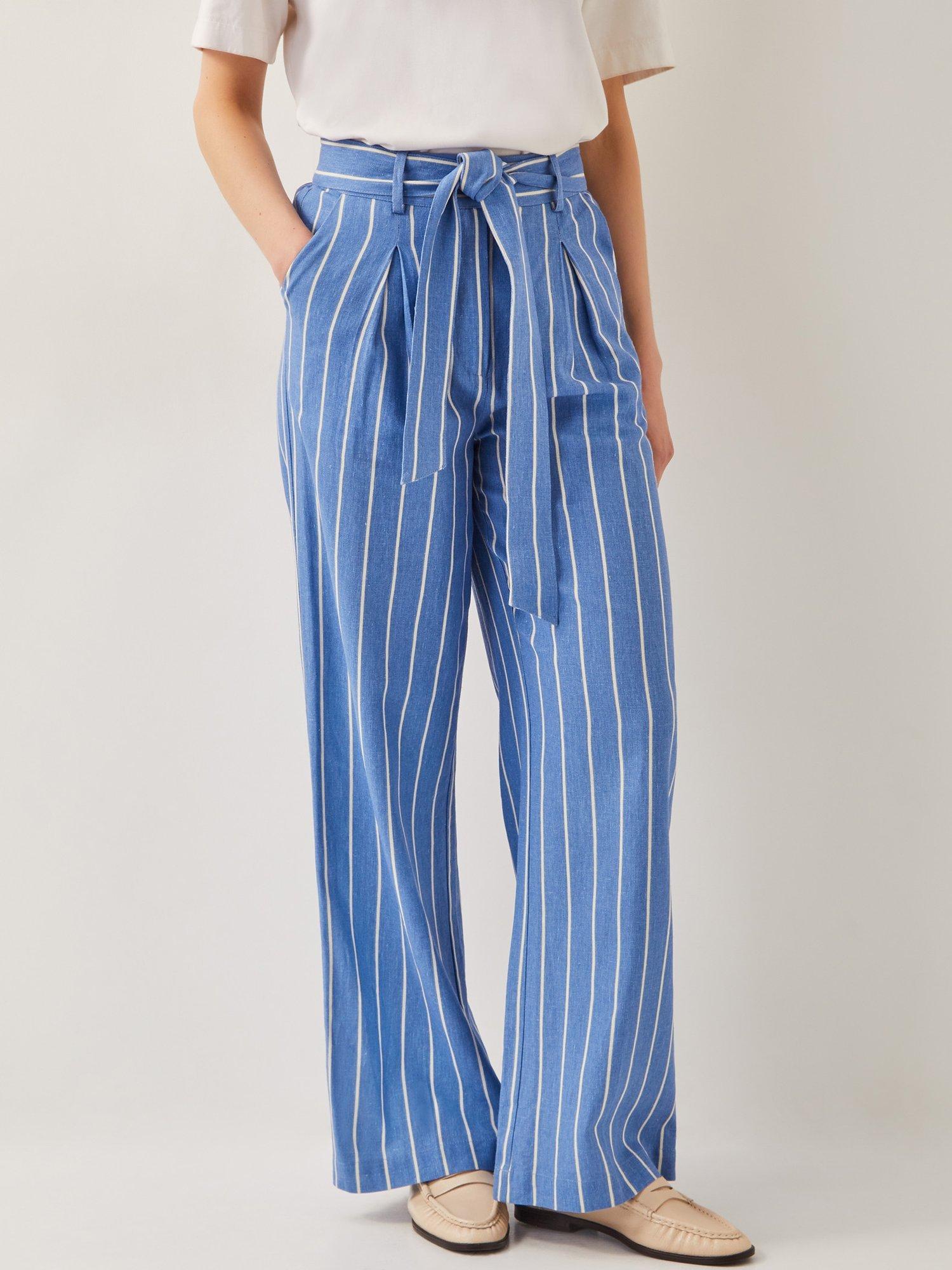 Product image 1 of 5, which shows Monsoon Susan Pintripe Tie Waist Wide Leg Trousers, Blue, S