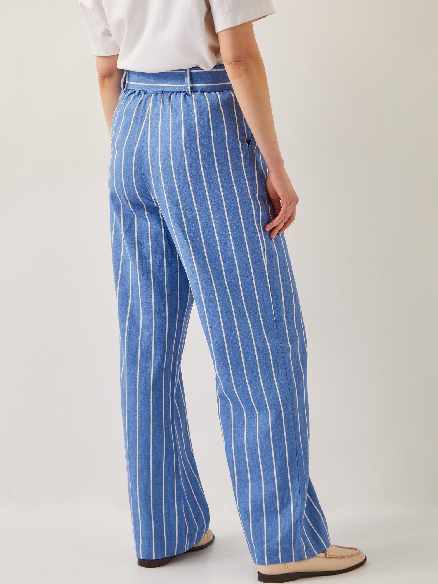 Product image 2 of 5, which shows Monsoon Susan Pintripe Tie Waist Wide Leg Trousers, Blue, S