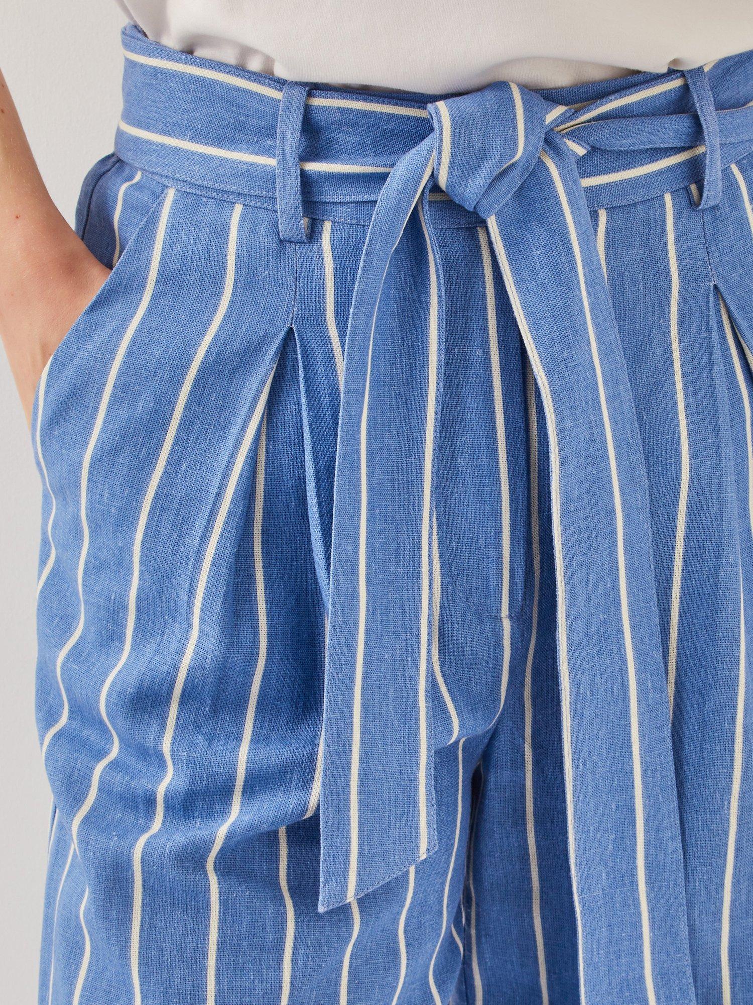 Product image 5 of 5, which shows Monsoon Susan Pintripe Tie Waist Wide Leg Trousers, Blue, S
