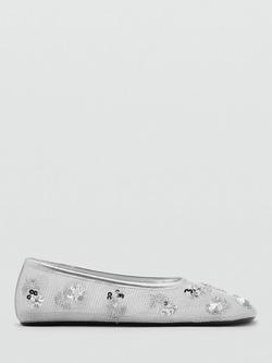 Mango Mel Sequin Embroidered Mesh Ballerina Shoes, Silver, Silver