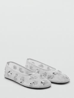 Mango Mel Sequin Embroidered Mesh Ballerina Shoes, Silver - view 2, Silver