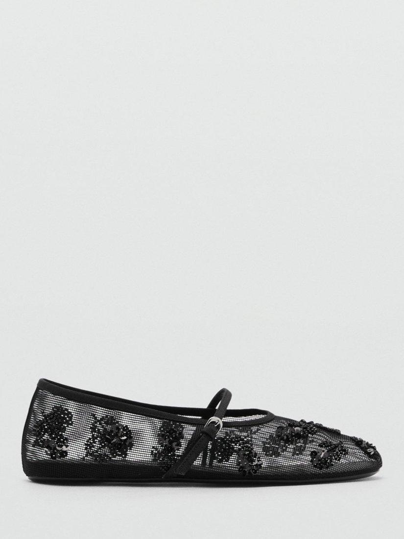 Product image 1 of 4, which shows Mango Melchor Sequin Embroidered Strap Mesh Ballet Flats, Black, 2