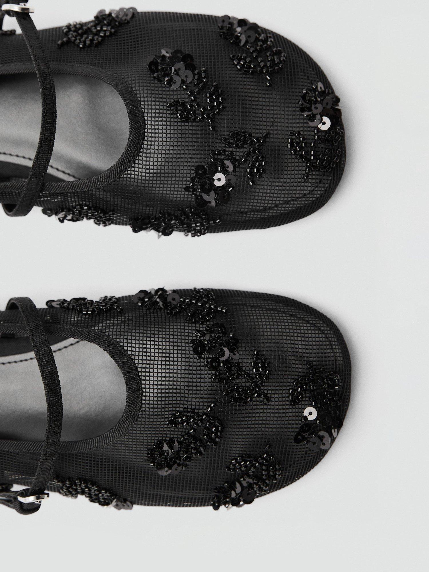 Product image 2 of 4, which shows Mango Melchor Sequin Embroidered Strap Mesh Ballet Flats, Black, 2