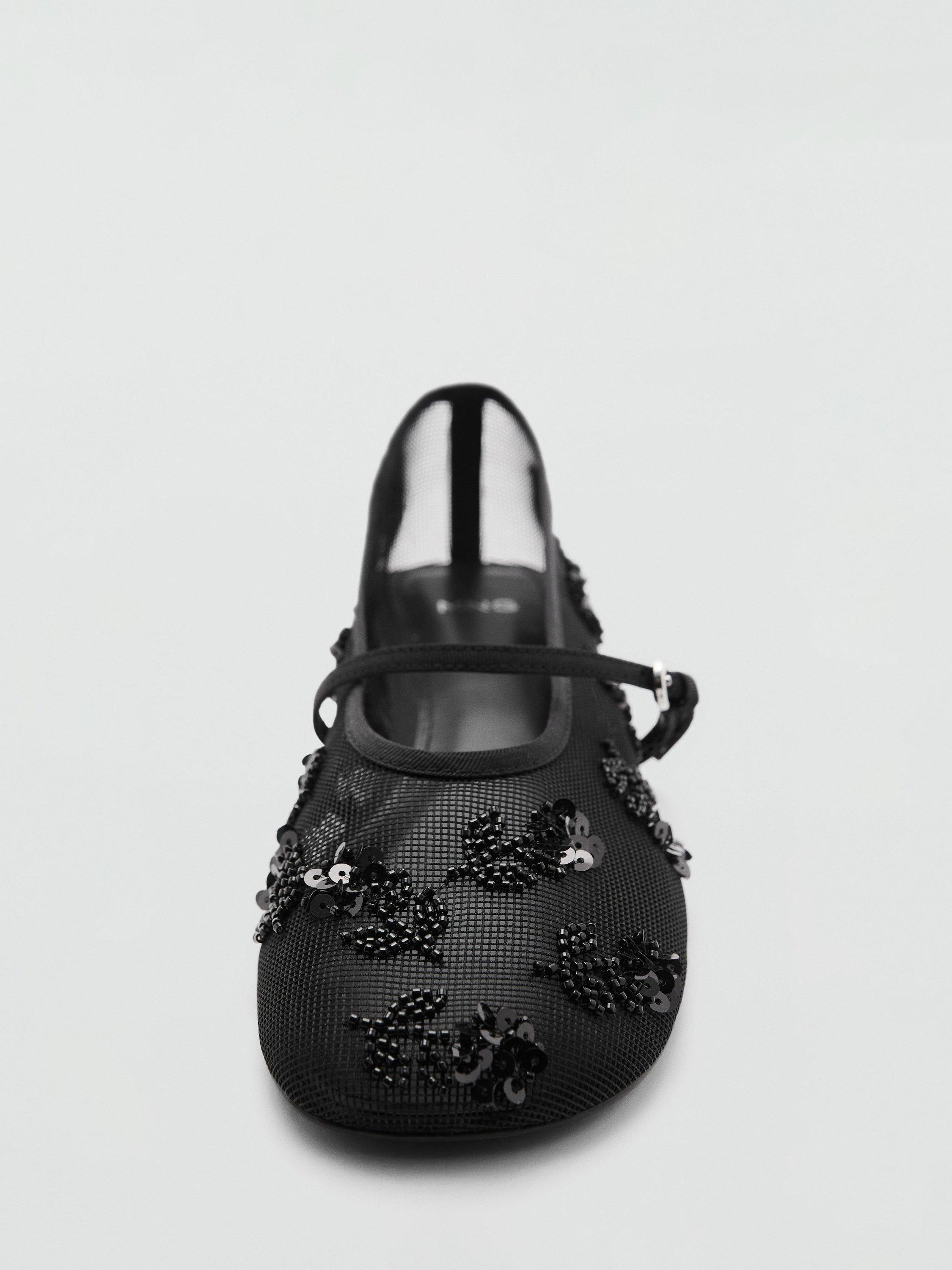 Product image 4 of 4, which shows Mango Melchor Sequin Embroidered Strap Mesh Ballet Flats, Black, 2