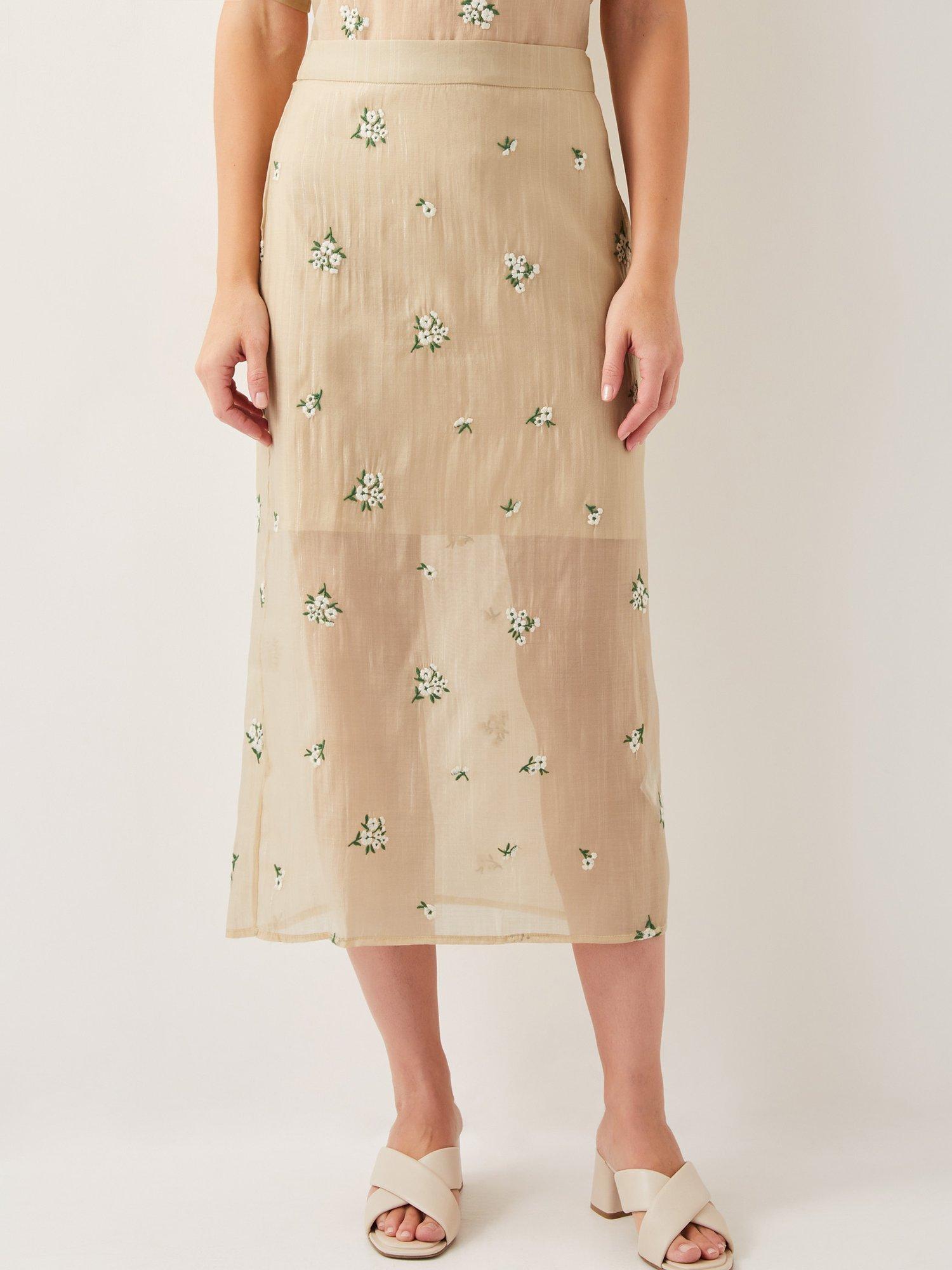 Product image 1 of 6, which shows Monsoon Sacha Floral Embroidered Sheer Midi Skirt, Gold, 8