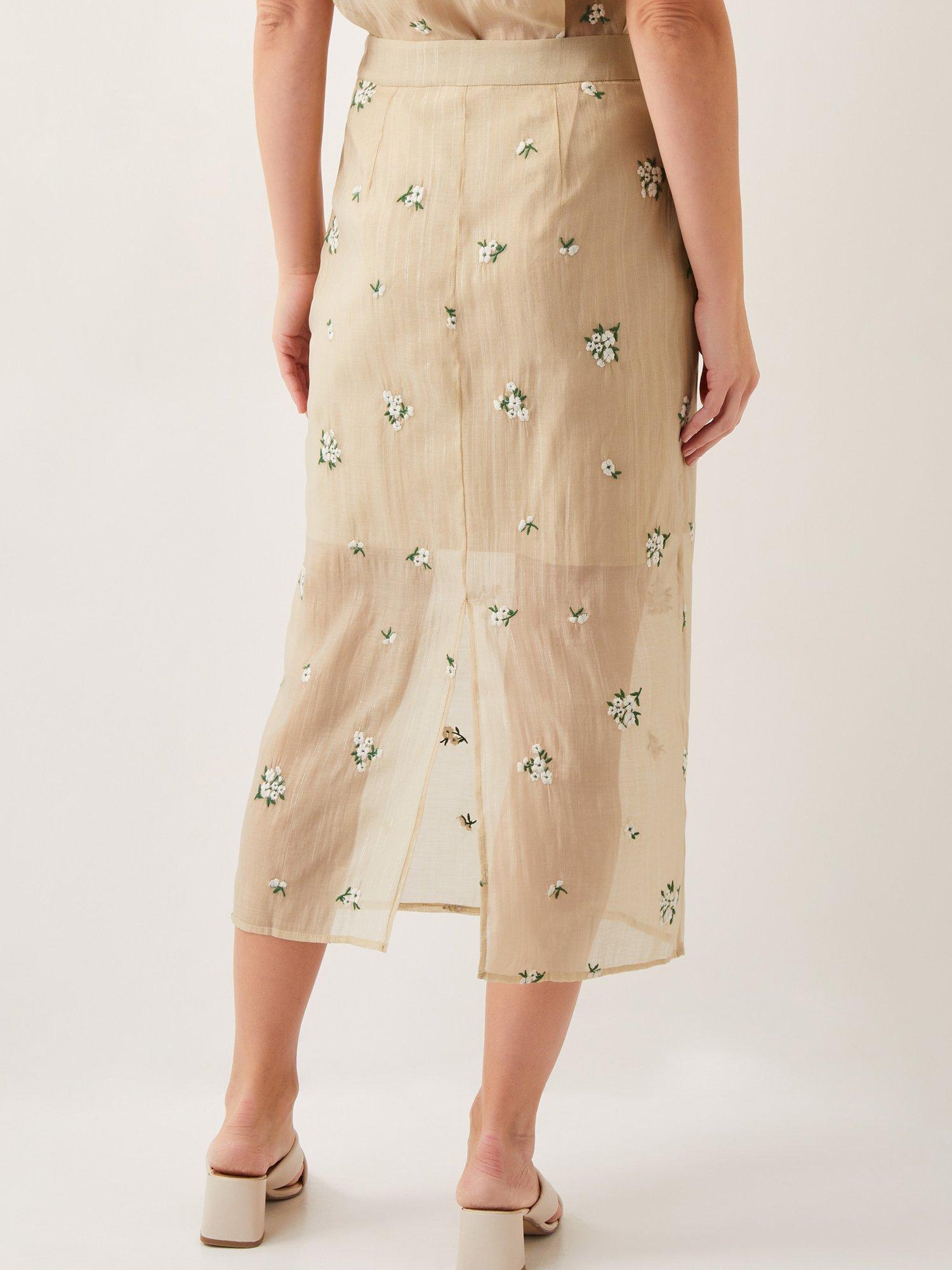 Product image 2 of 6, which shows Monsoon Sacha Floral Embroidered Sheer Midi Skirt, Gold, 8