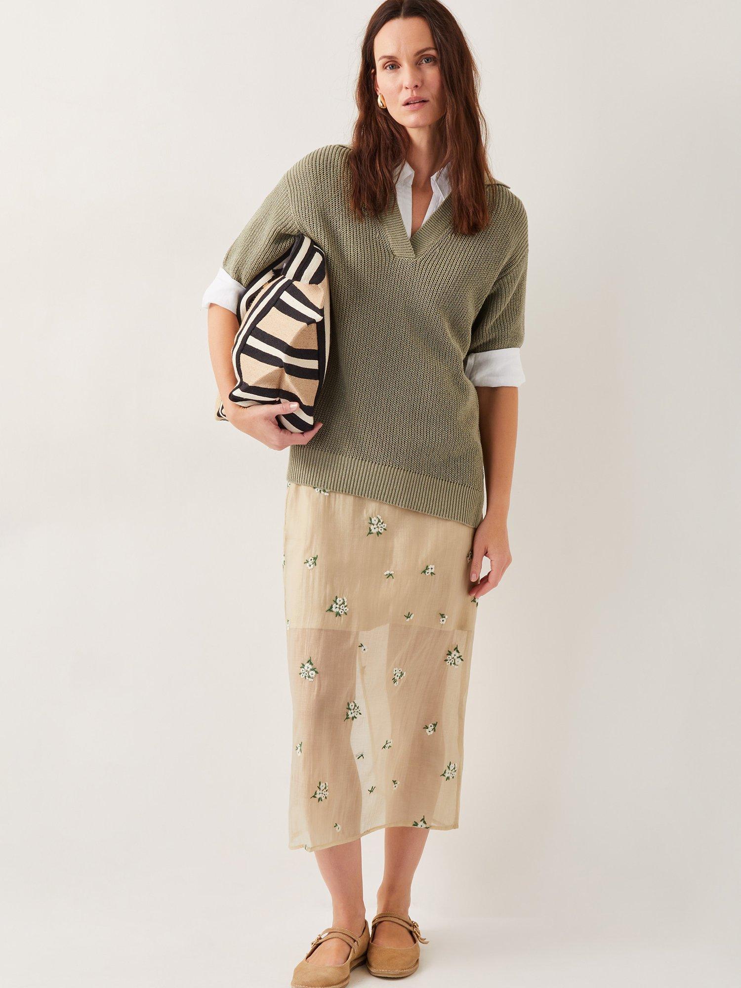 Product image 3 of 6, which shows Monsoon Sacha Floral Embroidered Sheer Midi Skirt, Gold, 8