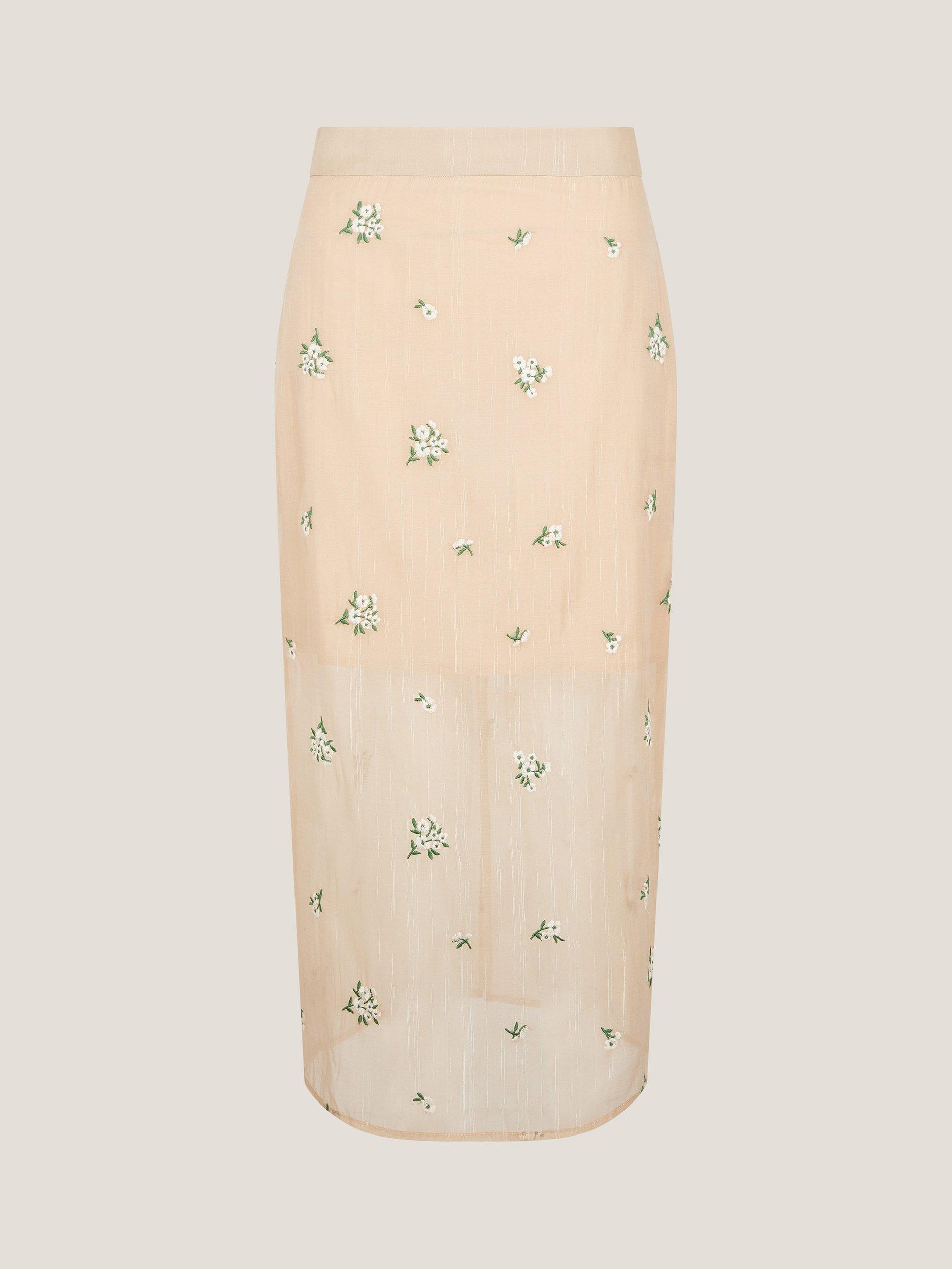 Product image 4 of 6, which shows Monsoon Sacha Floral Embroidered Sheer Midi Skirt, Gold, 8