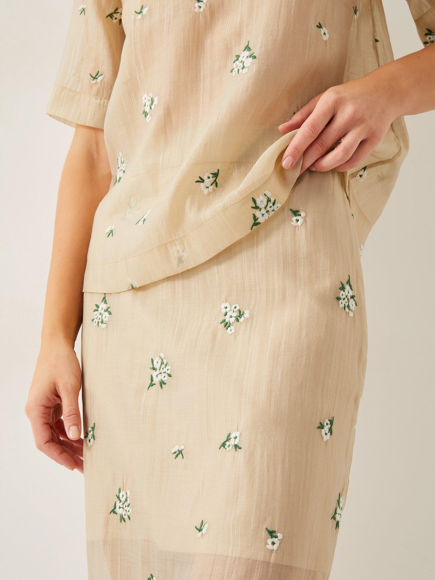 Product image 5 of 6, which shows Monsoon Sacha Floral Embroidered Sheer Midi Skirt, Gold, 8