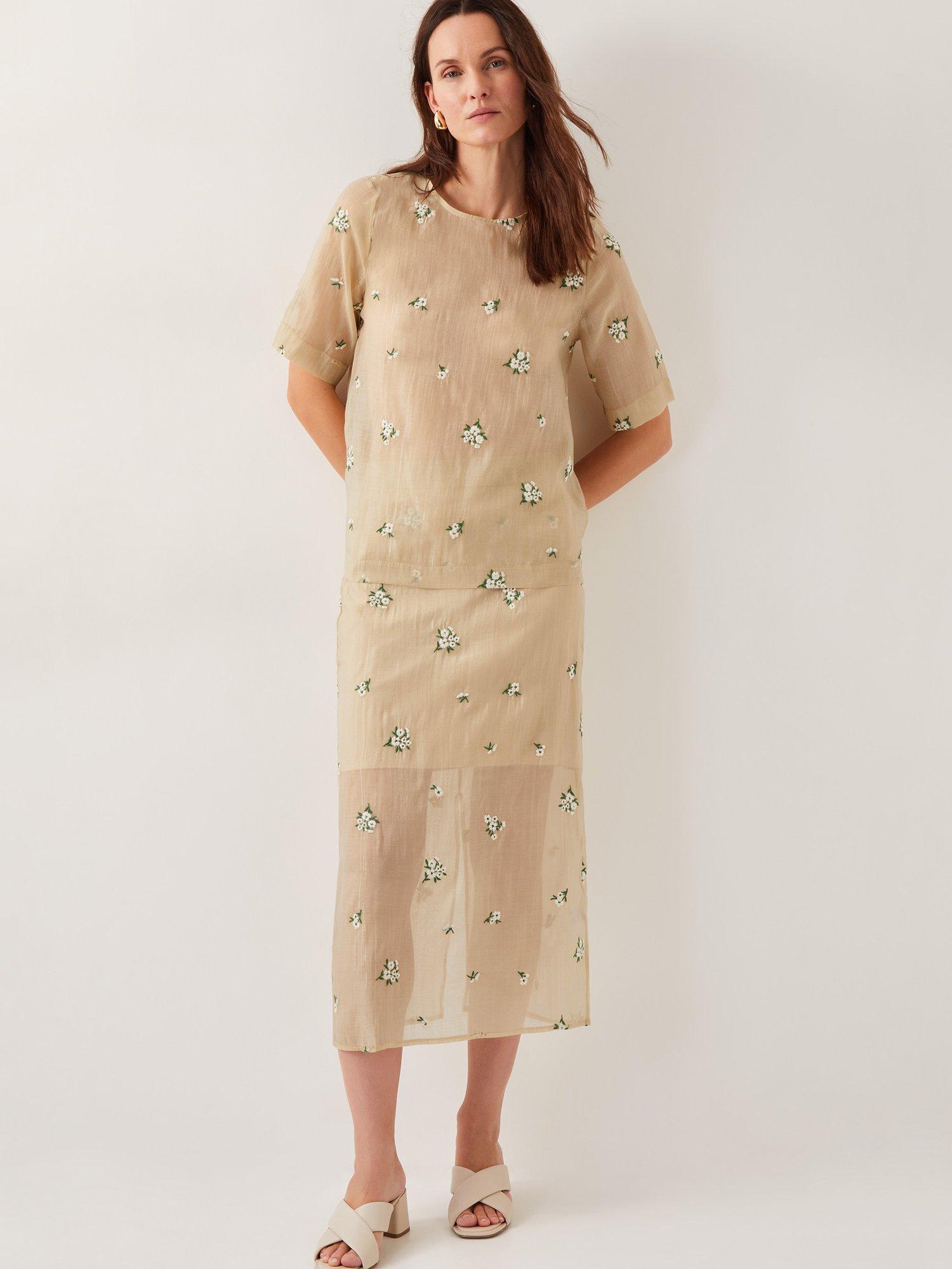 Product image 6 of 6, which shows Monsoon Sacha Floral Embroidered Sheer Midi Skirt, Gold, 8