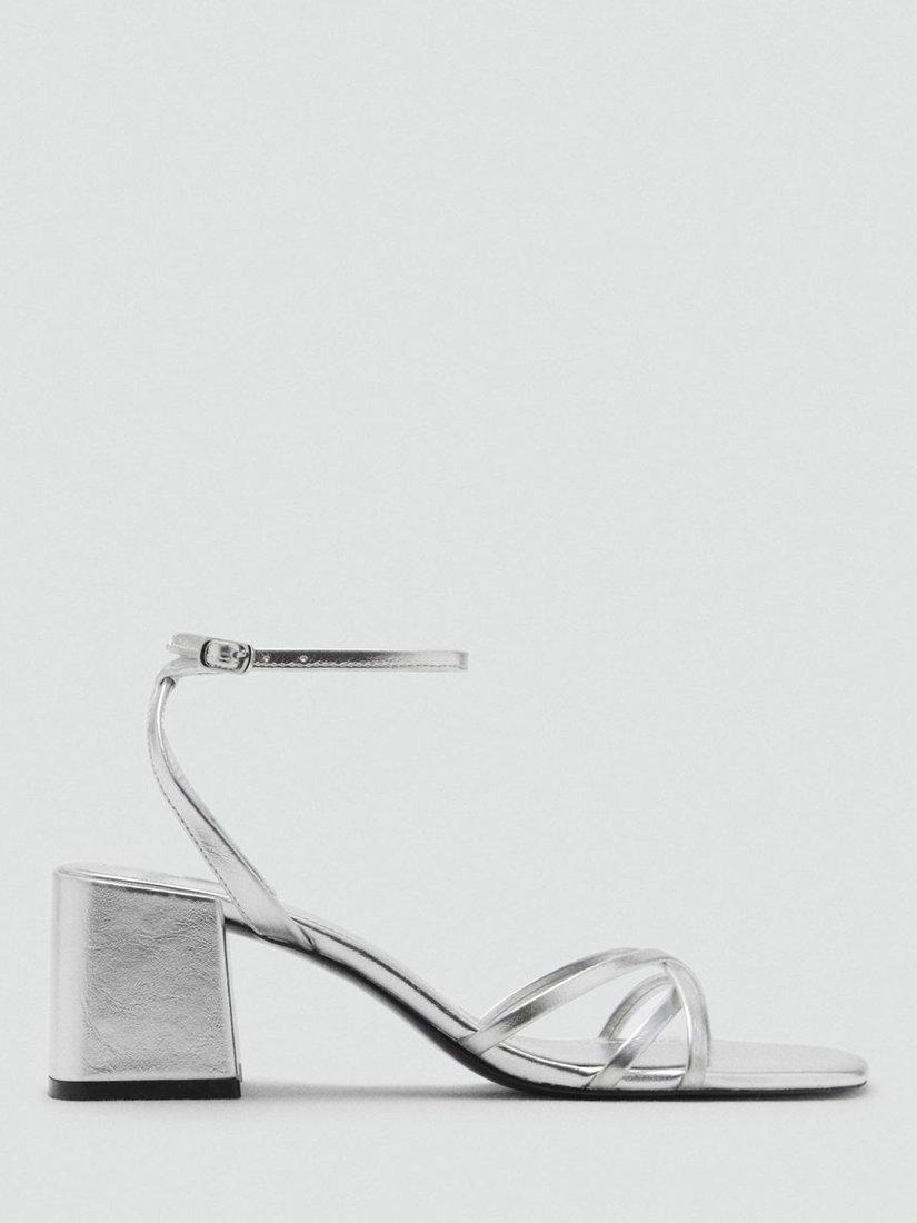 Product image 1 of 5, which shows Mango Beto Block Heel Strappy Sandals, Silver, 2