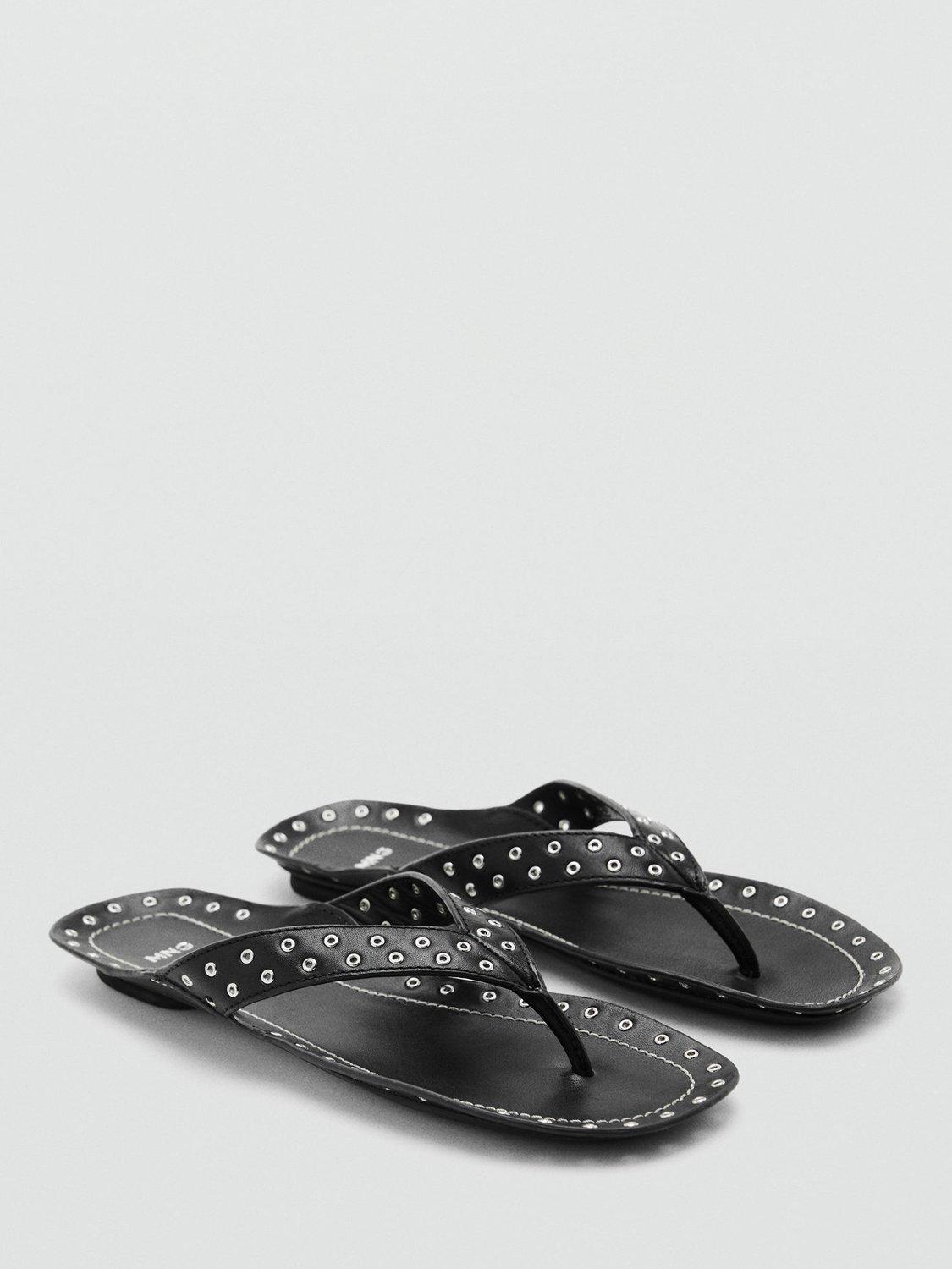 Product image 2 of 5, which shows Mango Bullet Leather Eyelet Trim Sandals, Black, 5