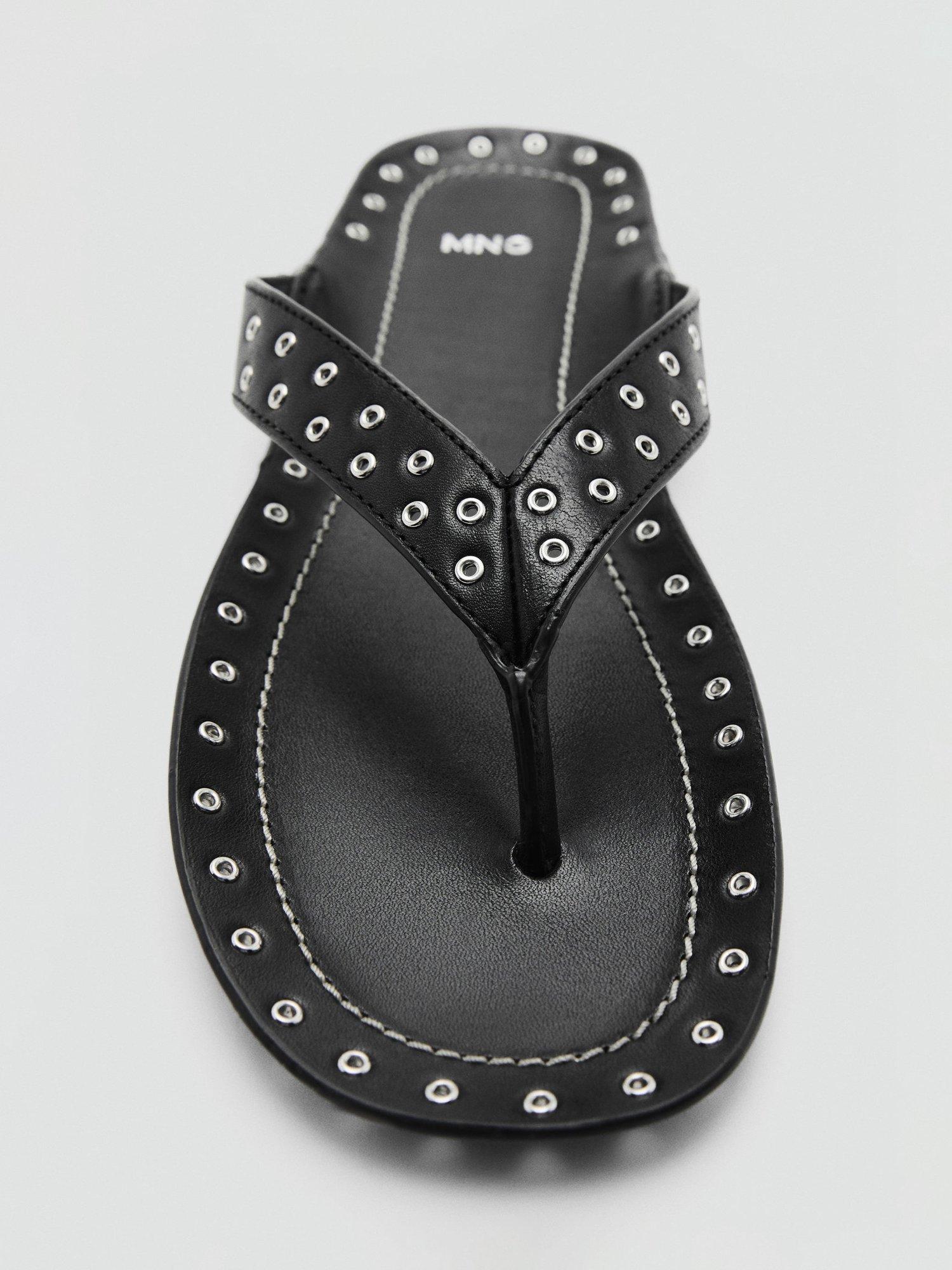 Product image 5 of 5, which shows Mango Bullet Leather Eyelet Trim Sandals, Black, 5