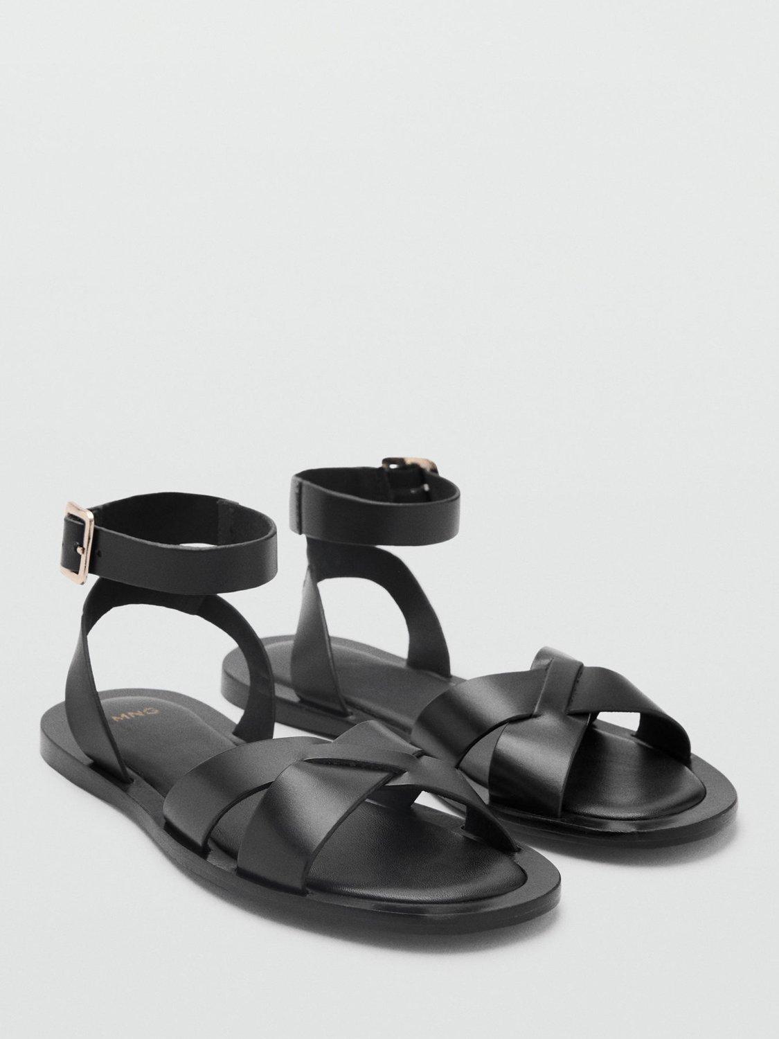 Product image 2 of 4, which shows Mango Ice Leather Cross Strap Sandals, Black, 2