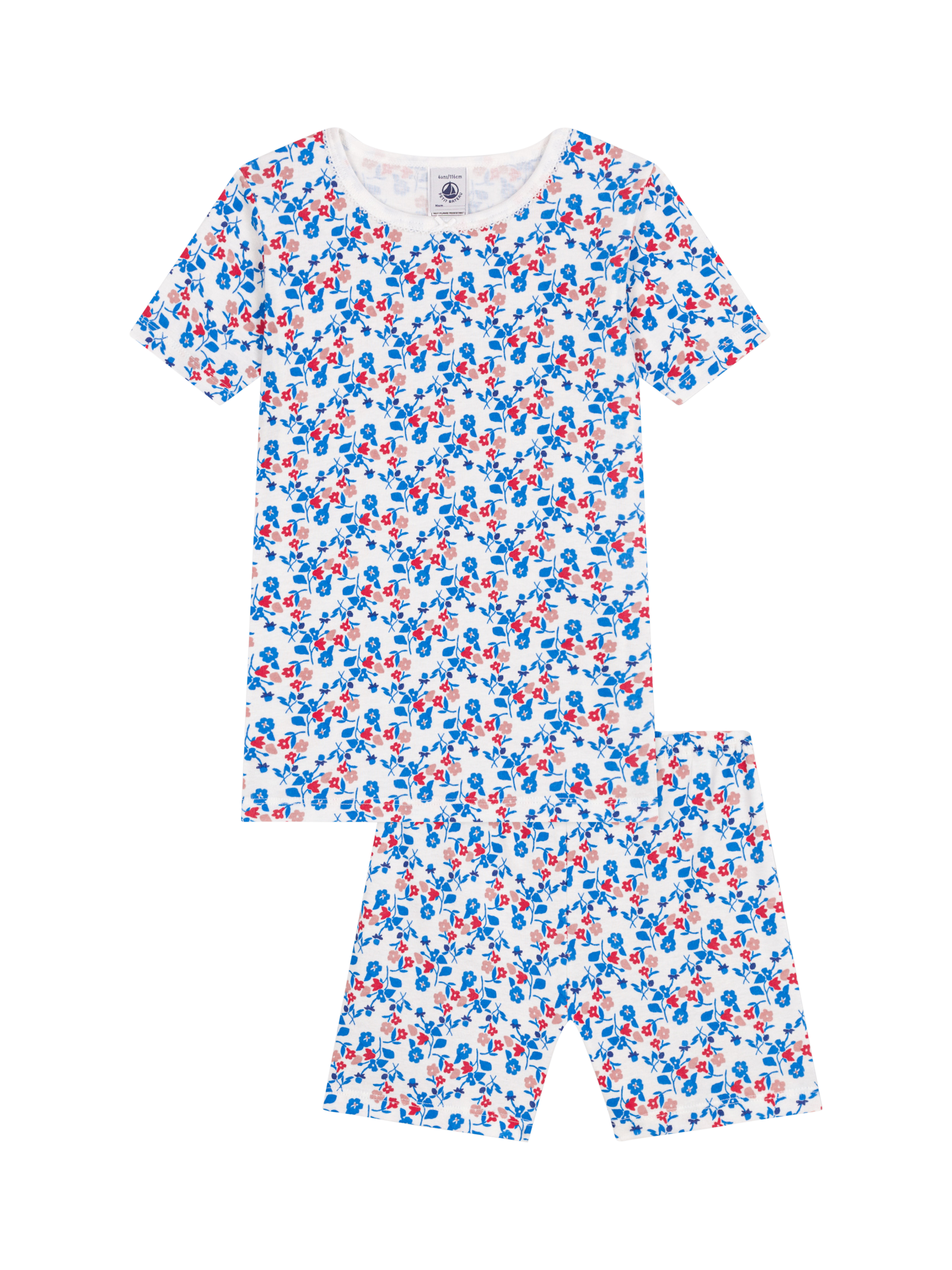Product image 1 of 4, which shows Petit Bateau Kids' Cotton Floral Print Shortie Pyjama Set, Marshmallow/Multico, 2 years