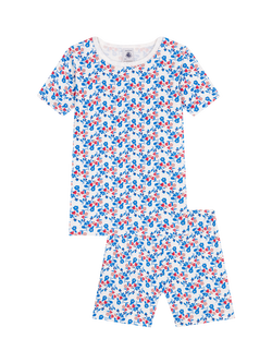 Petit Bateau Kids' Cotton Floral Print Shortie Pyjama Set, Marshmallow/Multico, Marshmallow/Multico