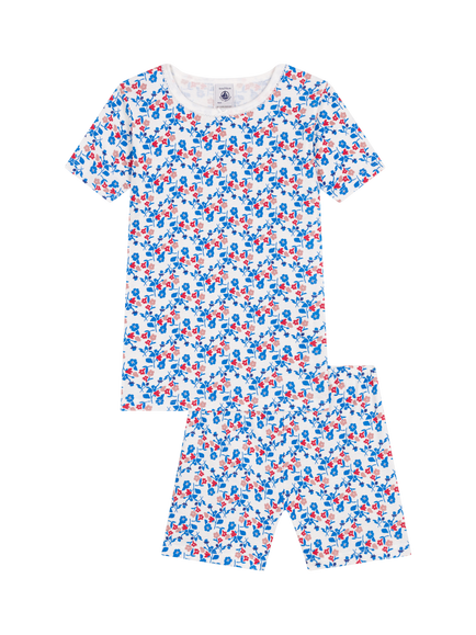 Petit Bateau Kids' Cotton Floral Print Shortie Pyjama Set, Marshmallow/Multico, Marshmallow/Multico