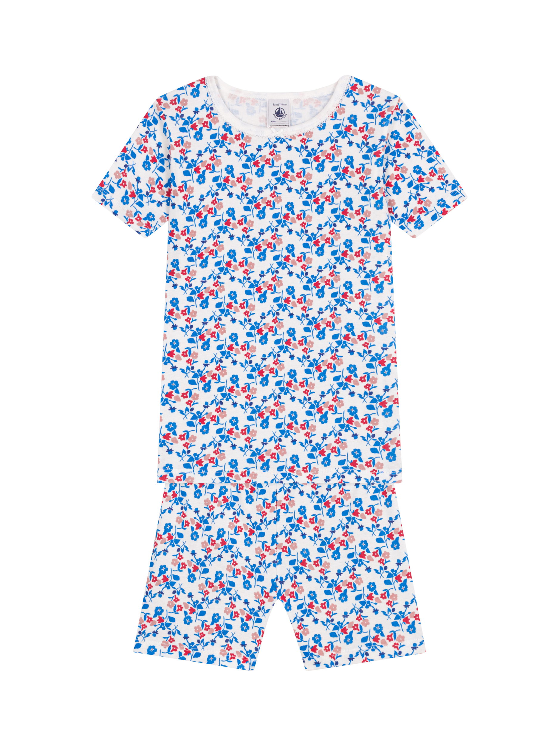 Product image 3 of 4, which shows Petit Bateau Kids' Cotton Floral Print Shortie Pyjama Set, Marshmallow/Multico, 2 years