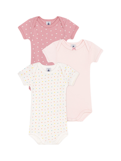 Petit Bateau Baby Cotton Plain & Heart Short Sleeve Bodysuit, Pack of 3, Multi, Variante 1