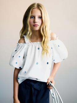 Mango Kids' Power Embroidered Cotton Puff Sleeve Blouse, White, White