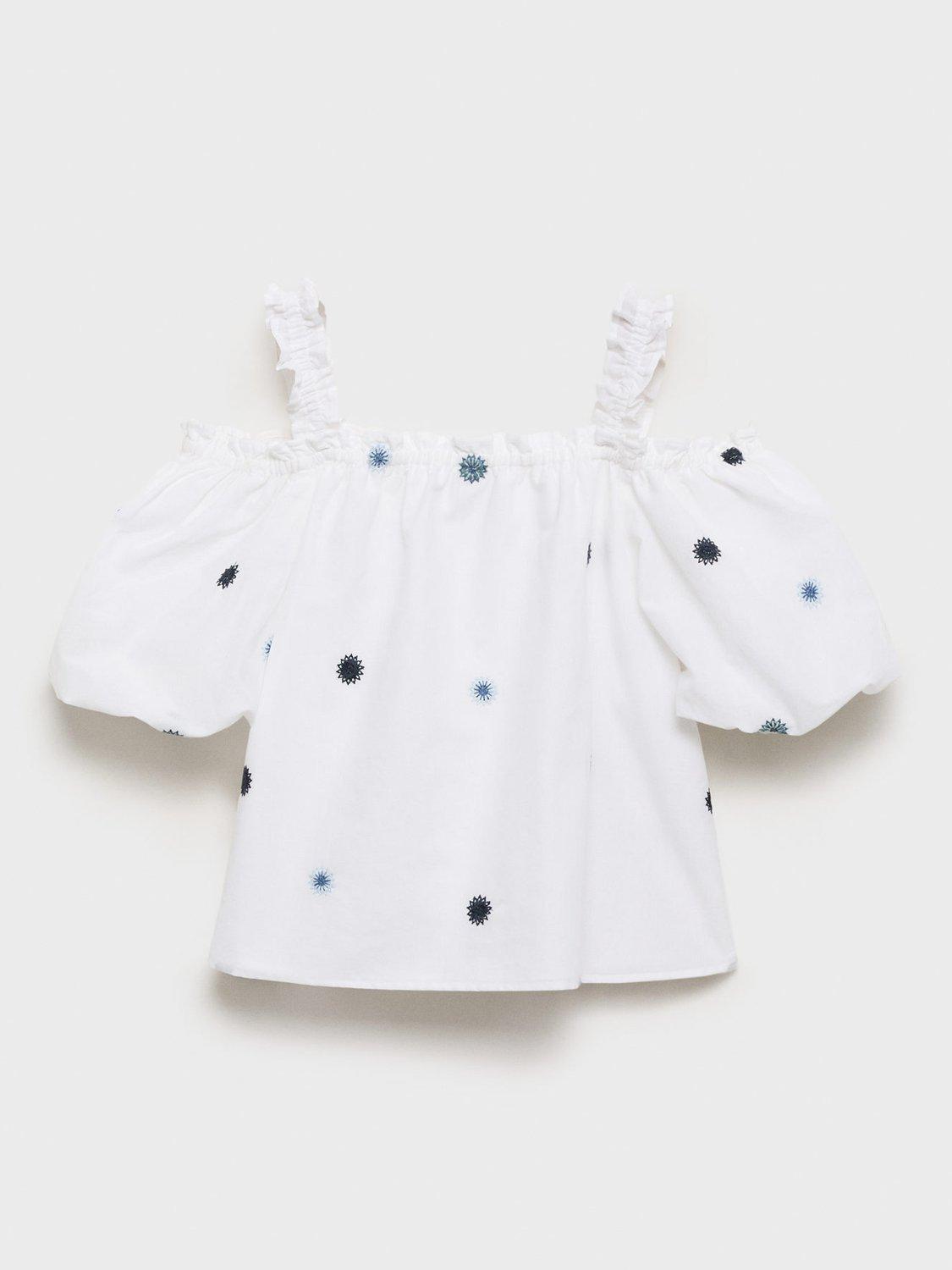 Product image 3 of 6, which shows Mango Kids' Power Embroidered Cotton Puff Sleeve Blouse, White, 10 years