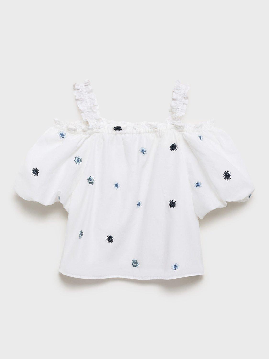 Product image 4 of 6, which shows Mango Kids' Power Embroidered Cotton Puff Sleeve Blouse, White, 10 years