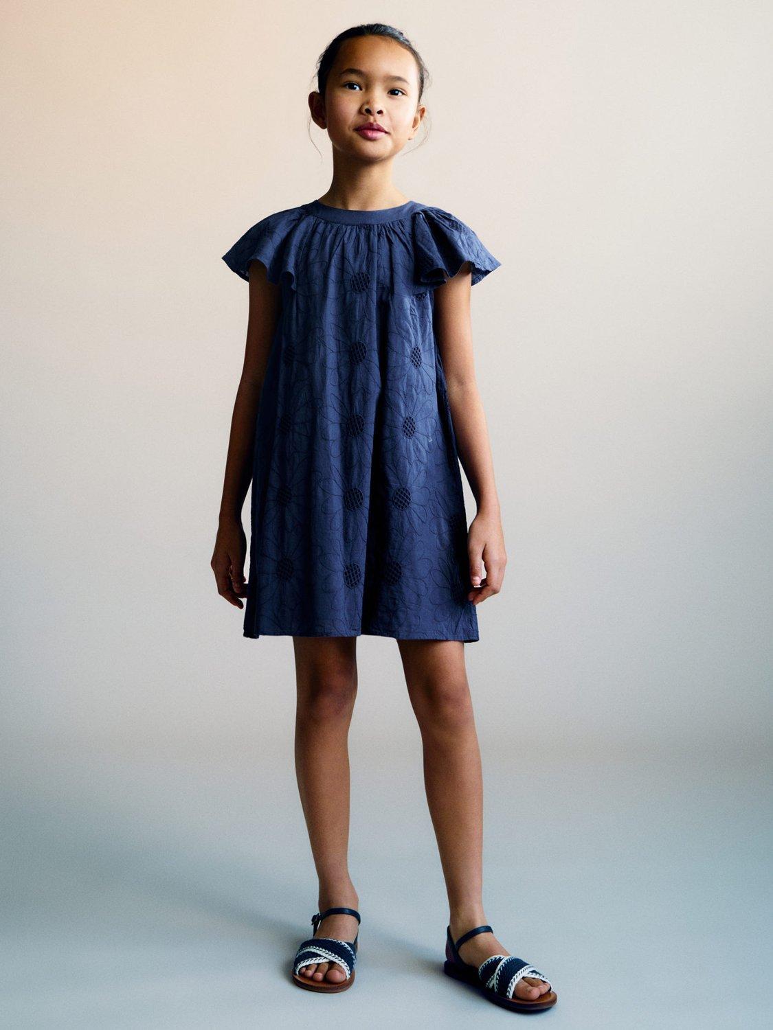 Product image 1 of 6, which shows Mango Kids' Caleta Cotton Floral Embroidered Dress, Navy, 10 years