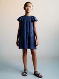 Mango Kids' Caleta Cotton Floral Embroidered Dress, Navy