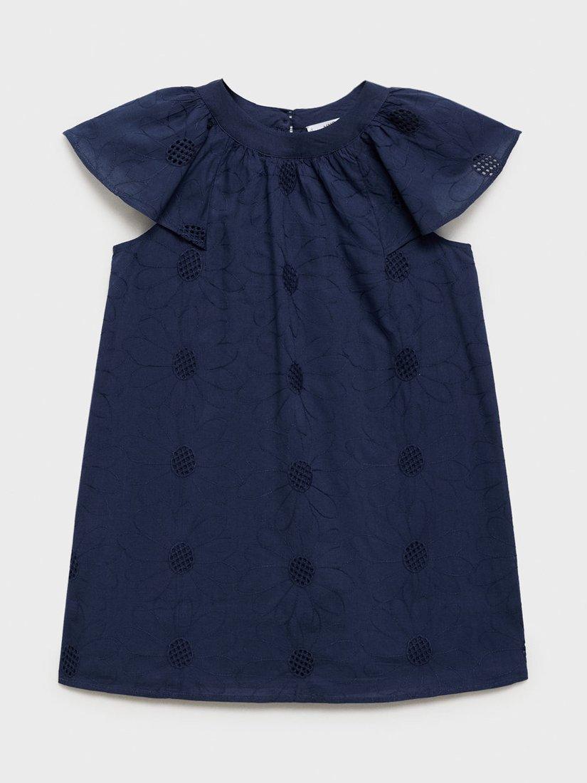 Product image 2 of 6, which shows Mango Kids' Caleta Cotton Floral Embroidered Dress, Navy, 10 years