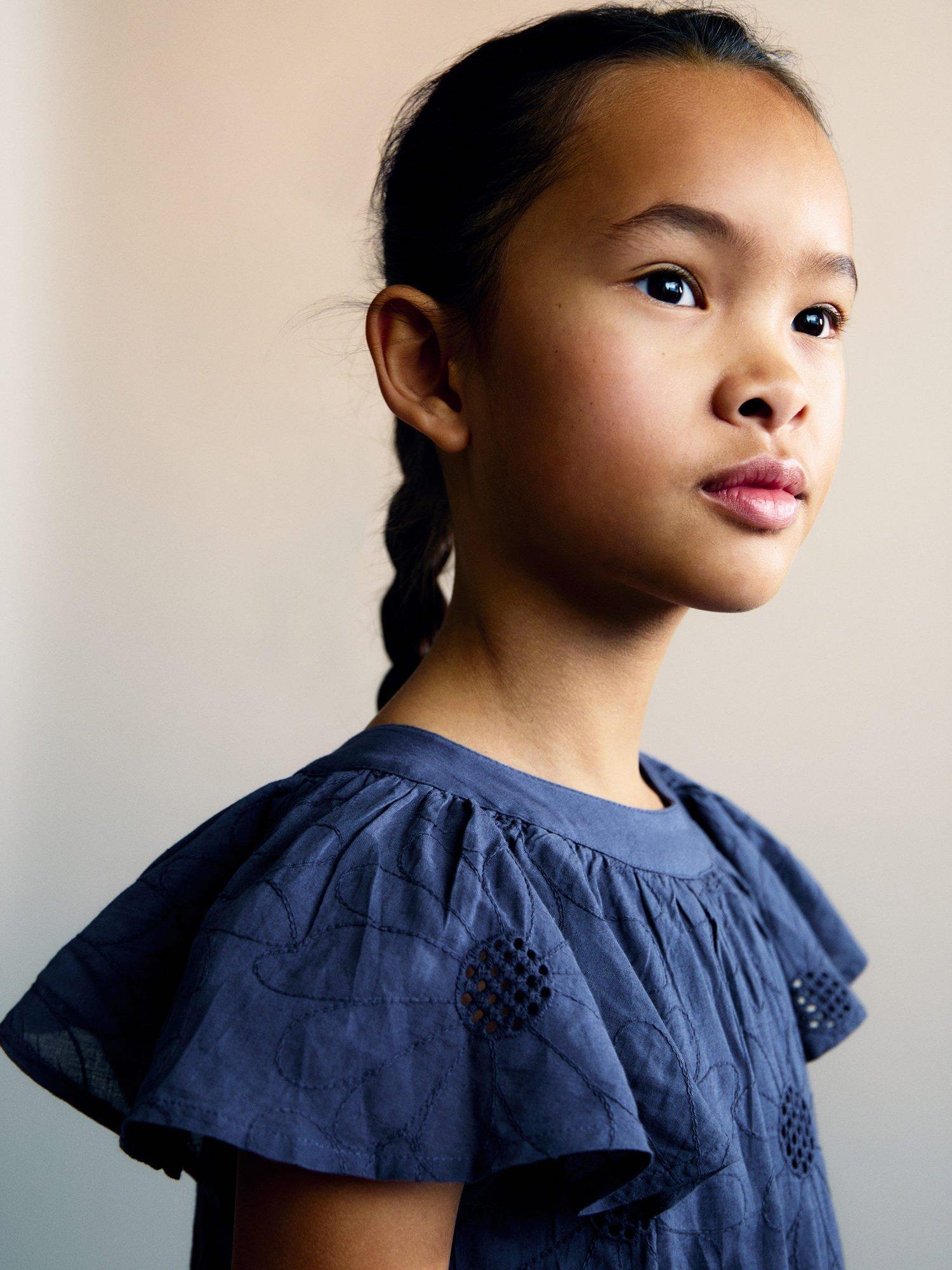 Product image 5 of 6, which shows Mango Kids' Caleta Cotton Floral Embroidered Dress, Navy, 10 years