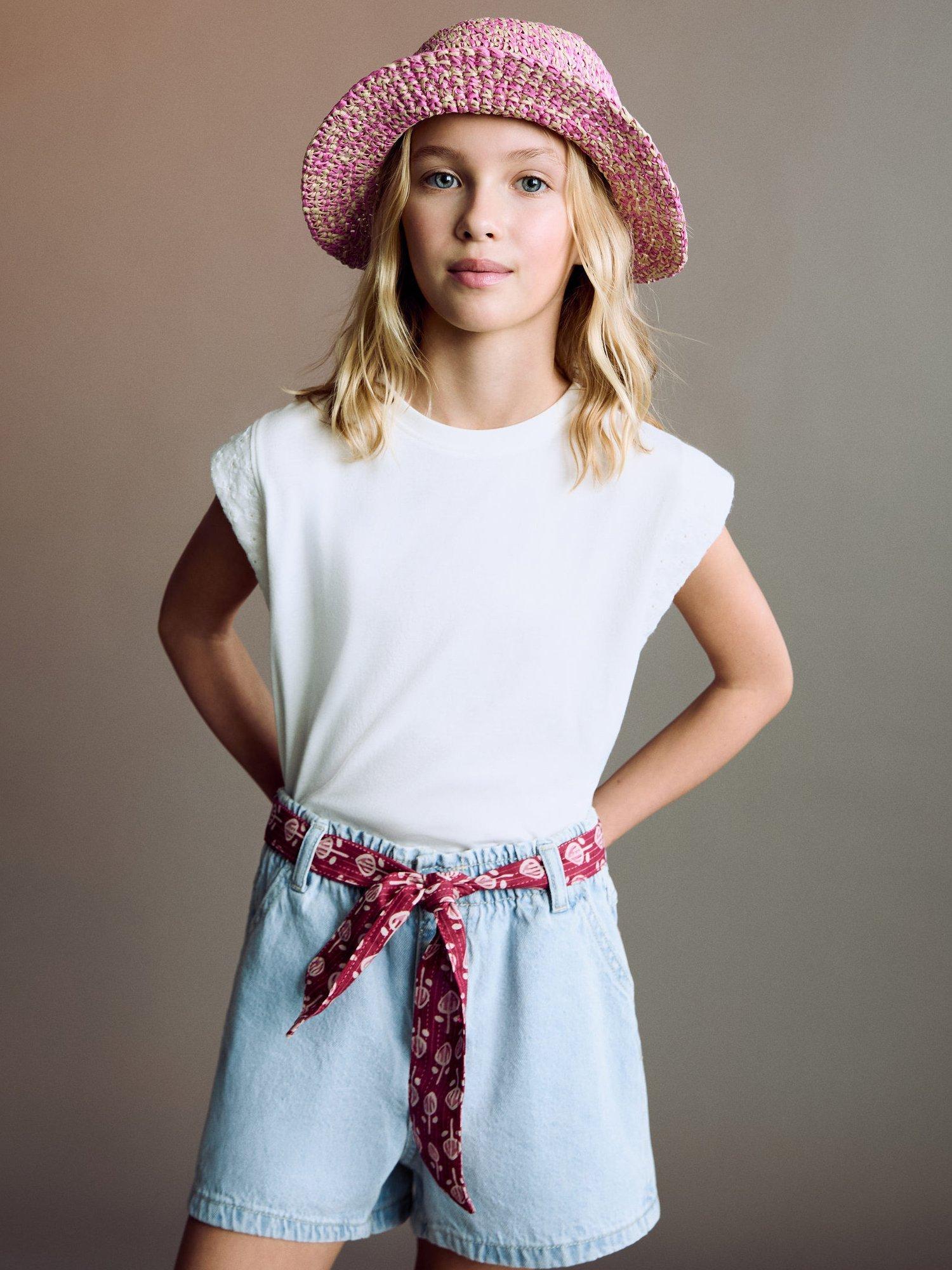 Mango Kids' Gala Self-Tie Belt Denim Shorts, Sky Blue