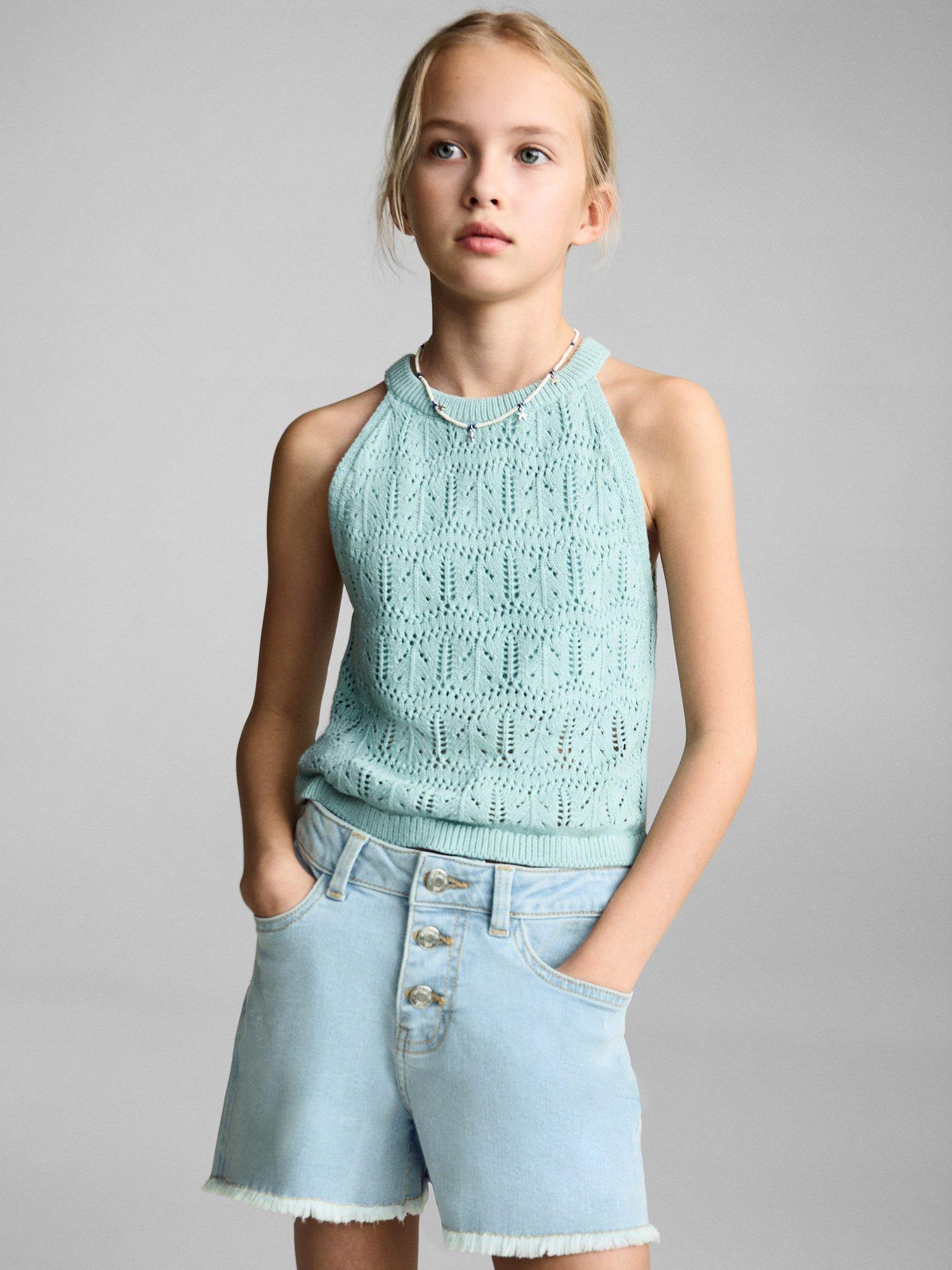 Product image 1 of 4, which shows Mango Kids' Patri Frayed Denim Shorts, Sky Blue, 10 years