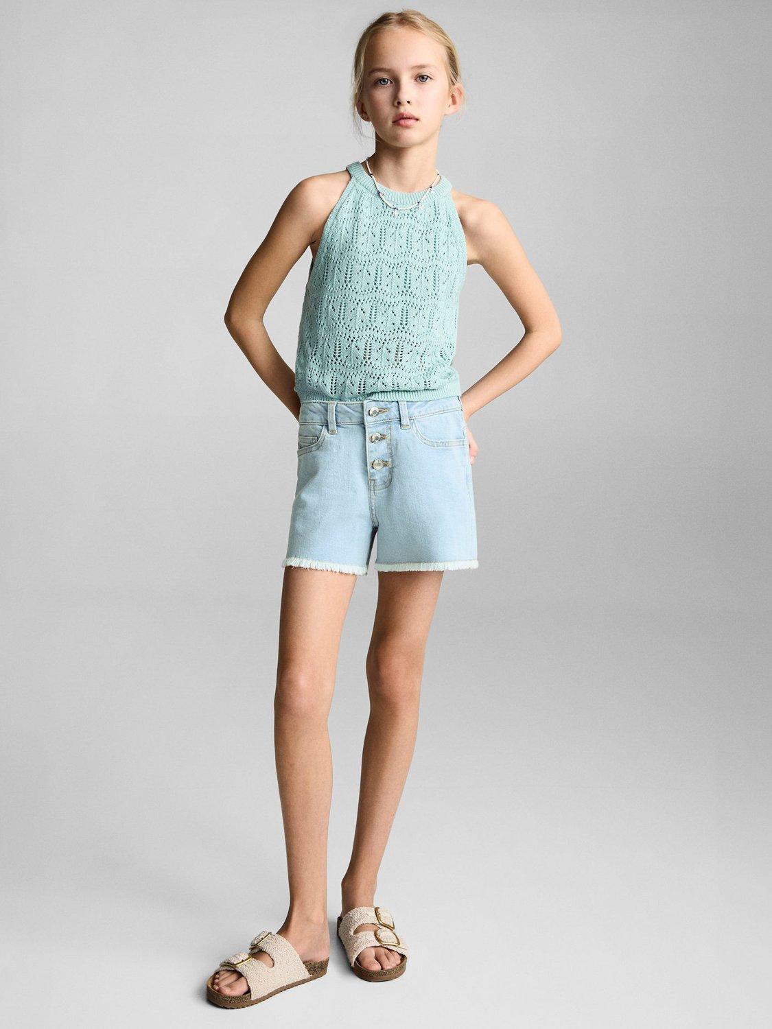 Product image 2 of 4, which shows Mango Kids' Patri Frayed Denim Shorts, Sky Blue, 10 years