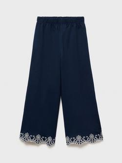 Mango Kids' Suiz Embroidered Hem Trousers, Navy, Navy