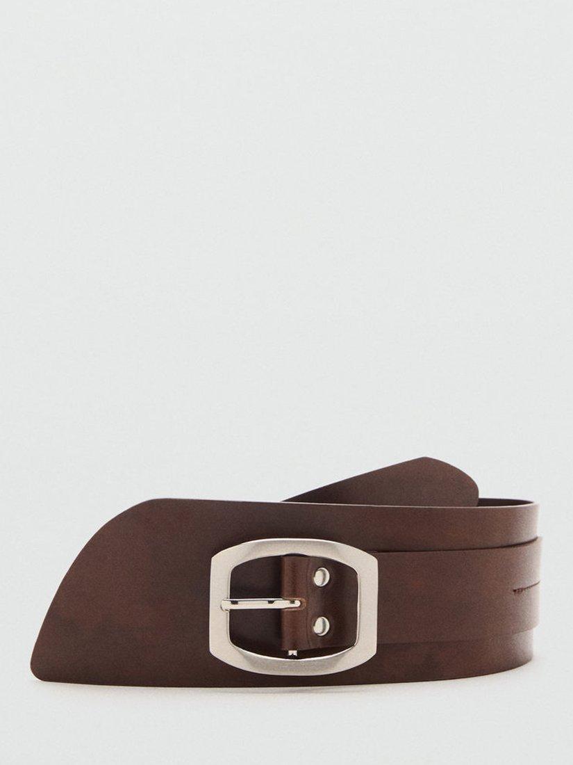 Mango Londres Leather Wide Belt, Dark Brown