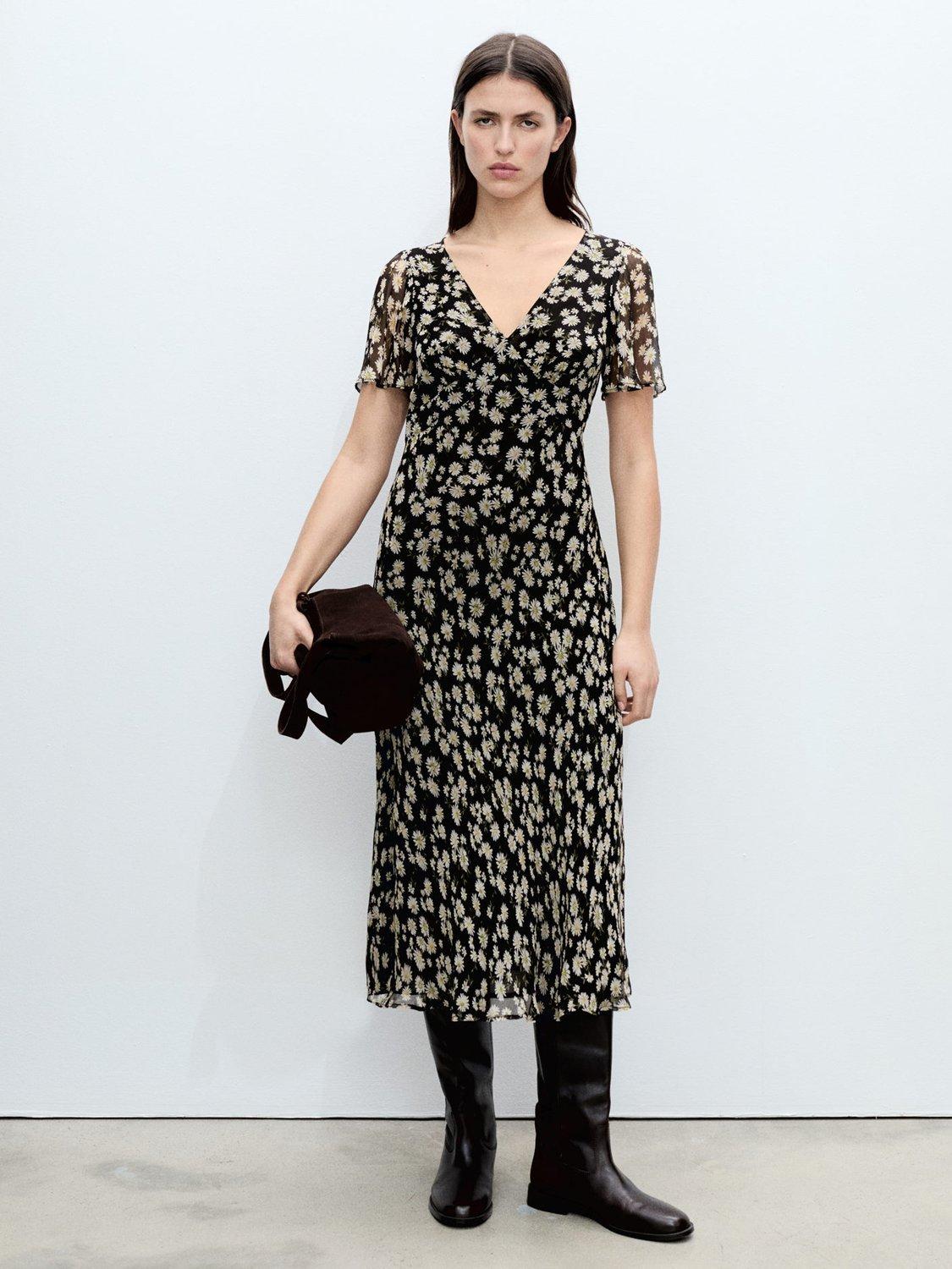 Product image 2 of 7, which shows Mango Belle Floral V-Neck Midi Dress, Black, 10