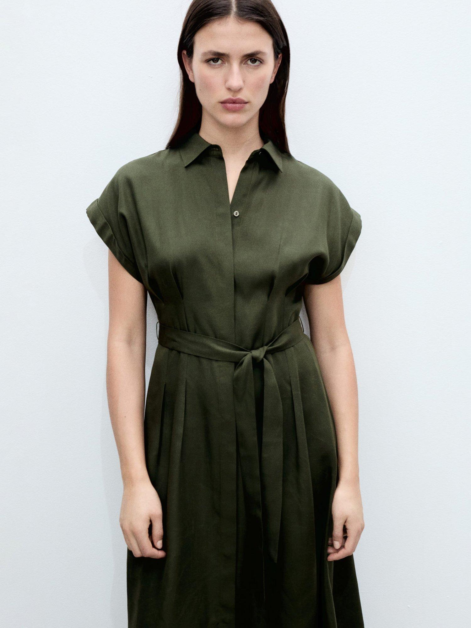 Product image 1 of 8, which shows Mango Casino Linen Blend Belted Sleeveless Shirt Midi Dress, Khaki, 4