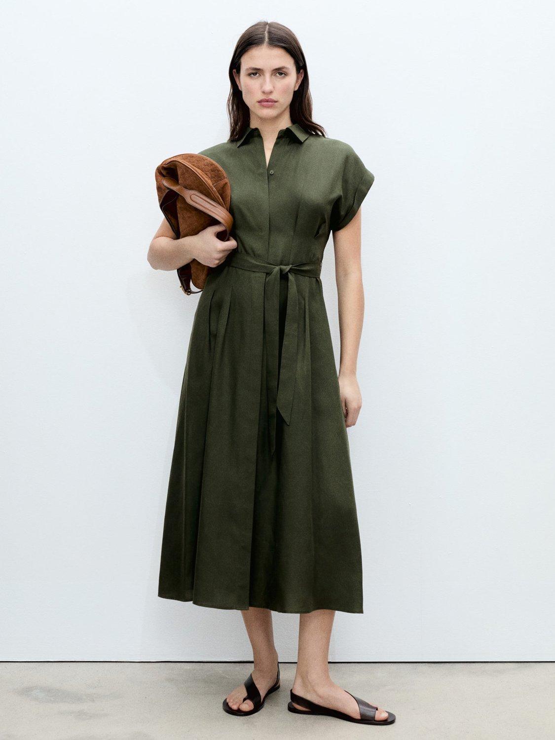 Product image 2 of 8, which shows Mango Casino Linen Blend Belted Sleeveless Shirt Midi Dress, Khaki, 4