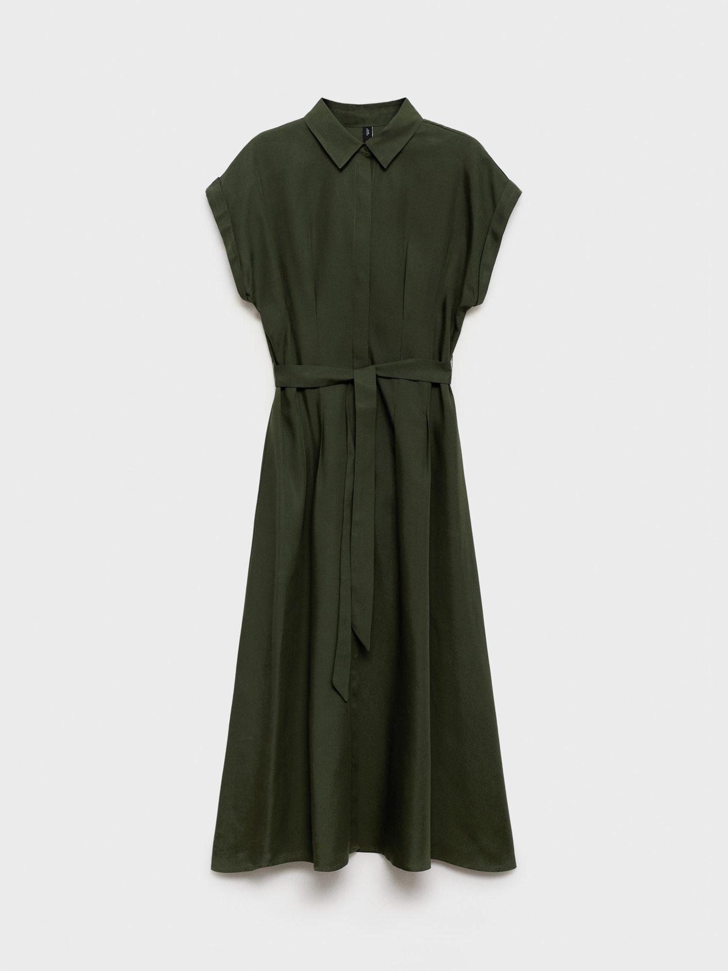 Product image 3 of 8, which shows Mango Casino Linen Blend Belted Sleeveless Shirt Midi Dress, Khaki, 4