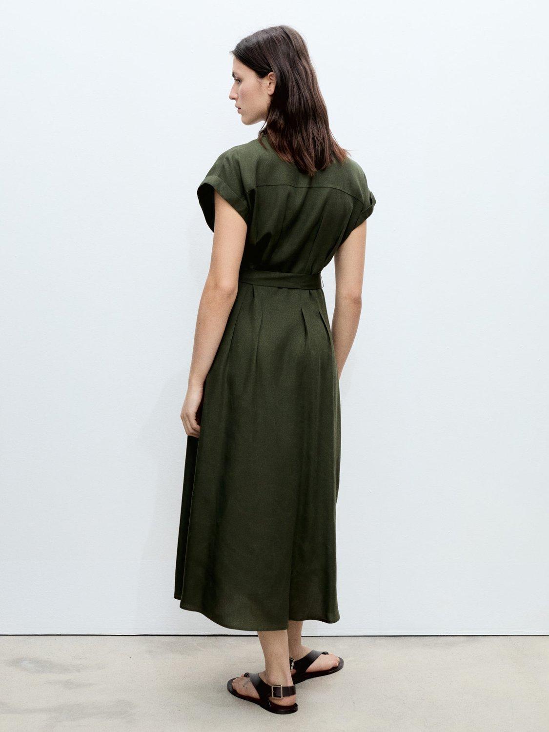 Product image 4 of 8, which shows Mango Casino Linen Blend Belted Sleeveless Shirt Midi Dress, Khaki, 4