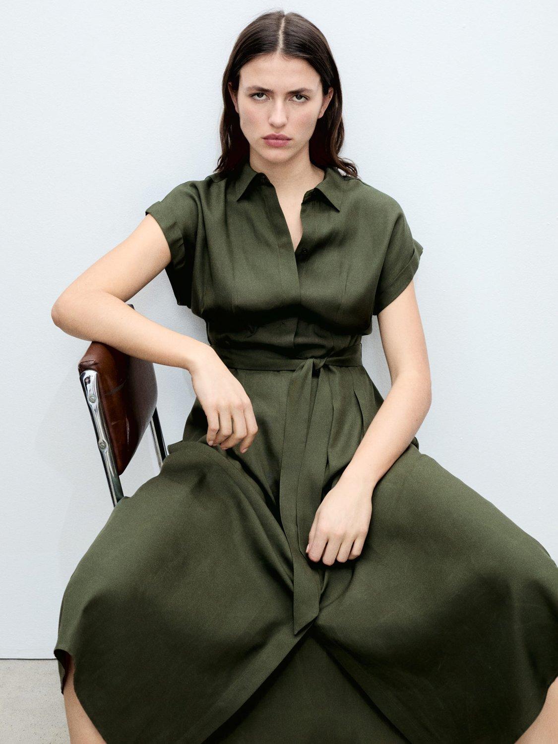 Product image 6 of 8, which shows Mango Casino Linen Blend Belted Sleeveless Shirt Midi Dress, Khaki, 4