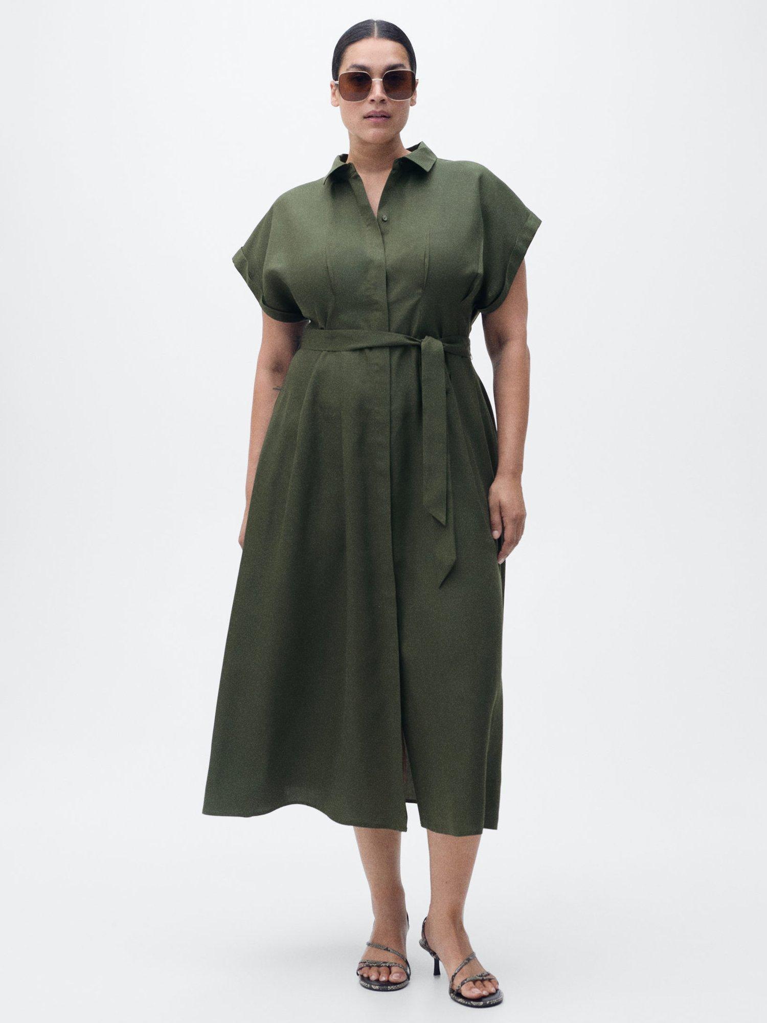 Product image 7 of 8, which shows Mango Casino Linen Blend Belted Sleeveless Shirt Midi Dress, Khaki, 4