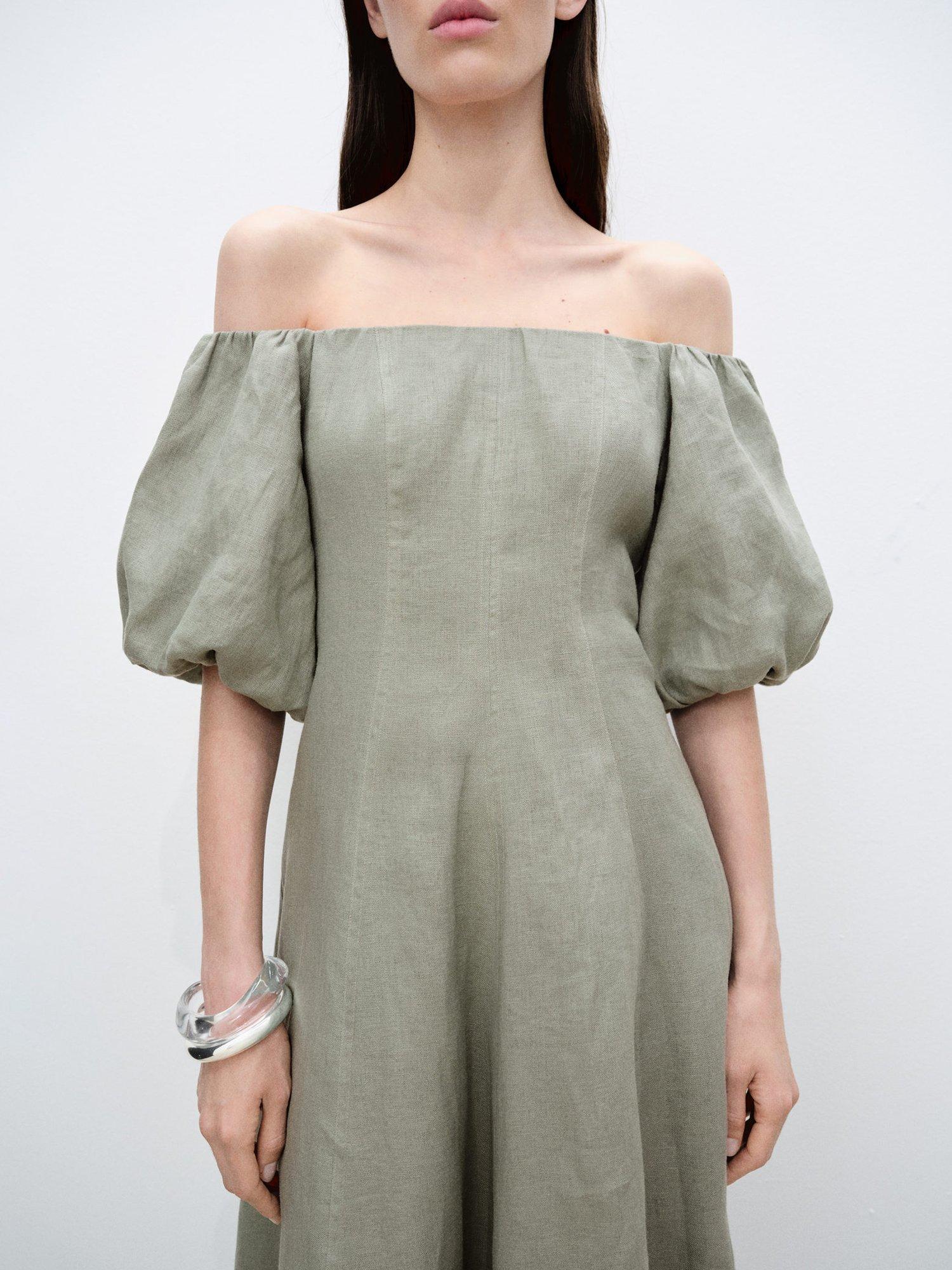 Product image 1 of 7, which shows Mango Menorca Linen Puff Sleeve Bardot Midi Dress, Green, 10