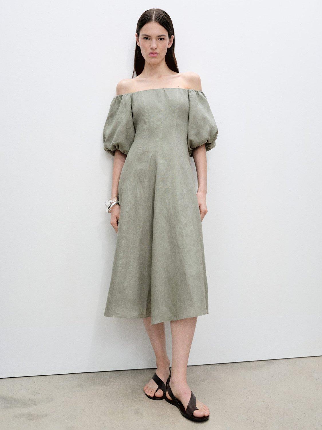 Product image 2 of 7, which shows Mango Menorca Linen Puff Sleeve Bardot Midi Dress, Green, 10
