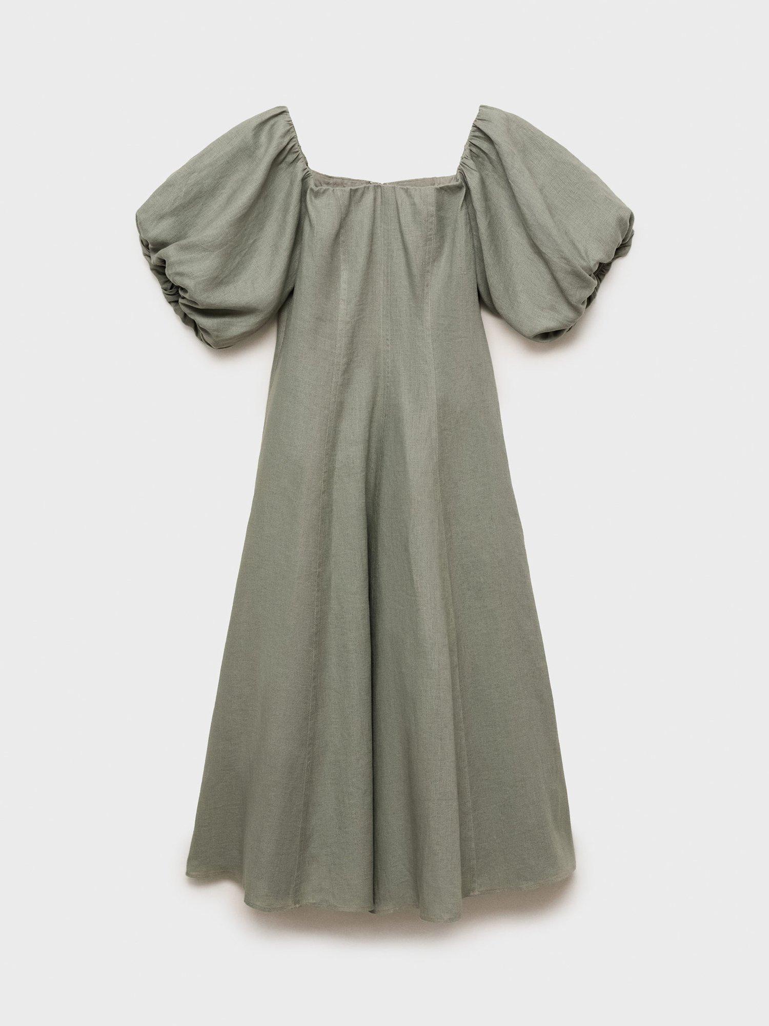 Product image 3 of 7, which shows Mango Menorca Linen Puff Sleeve Bardot Midi Dress, Green, 10