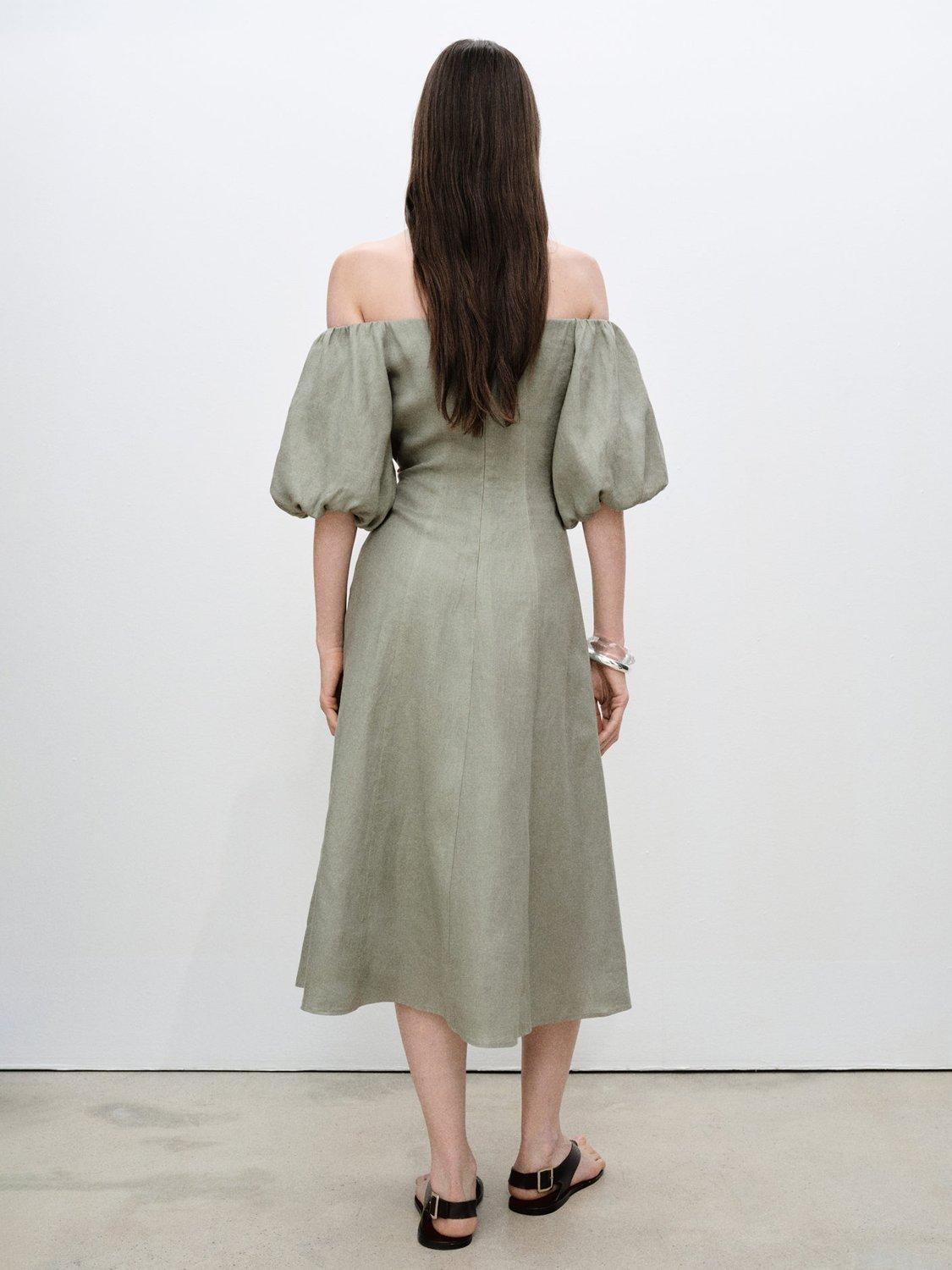 Product image 4 of 7, which shows Mango Menorca Linen Puff Sleeve Bardot Midi Dress, Green, 10
