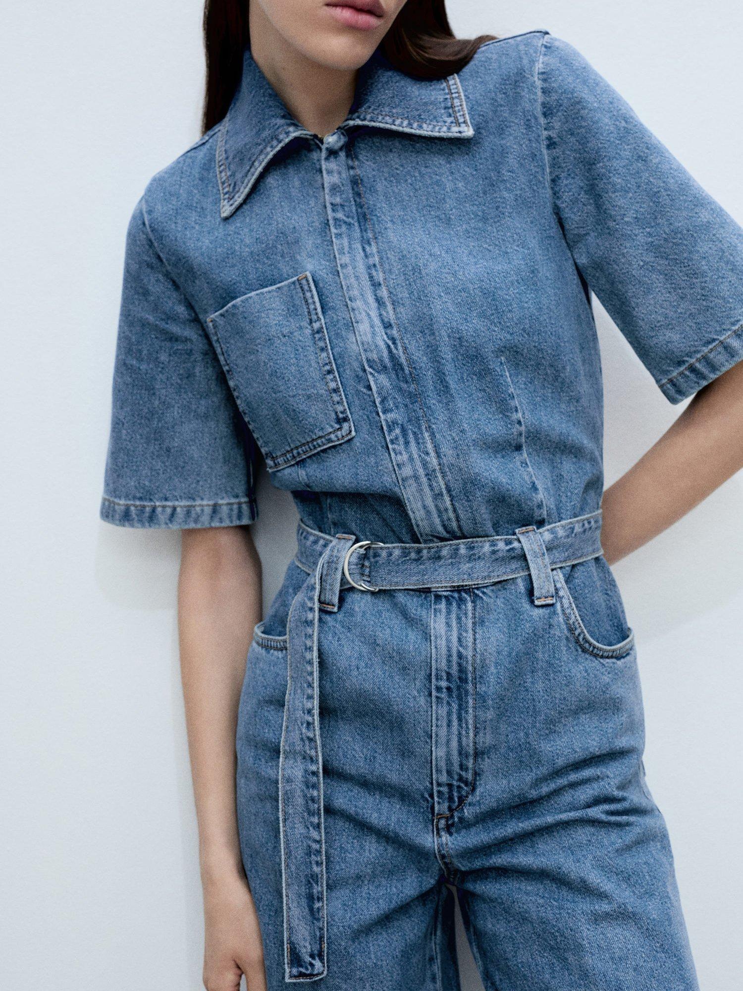 Product image 1 of 8, which shows Mango Fleur Denim Jumpsuit, Mid Blue, L
