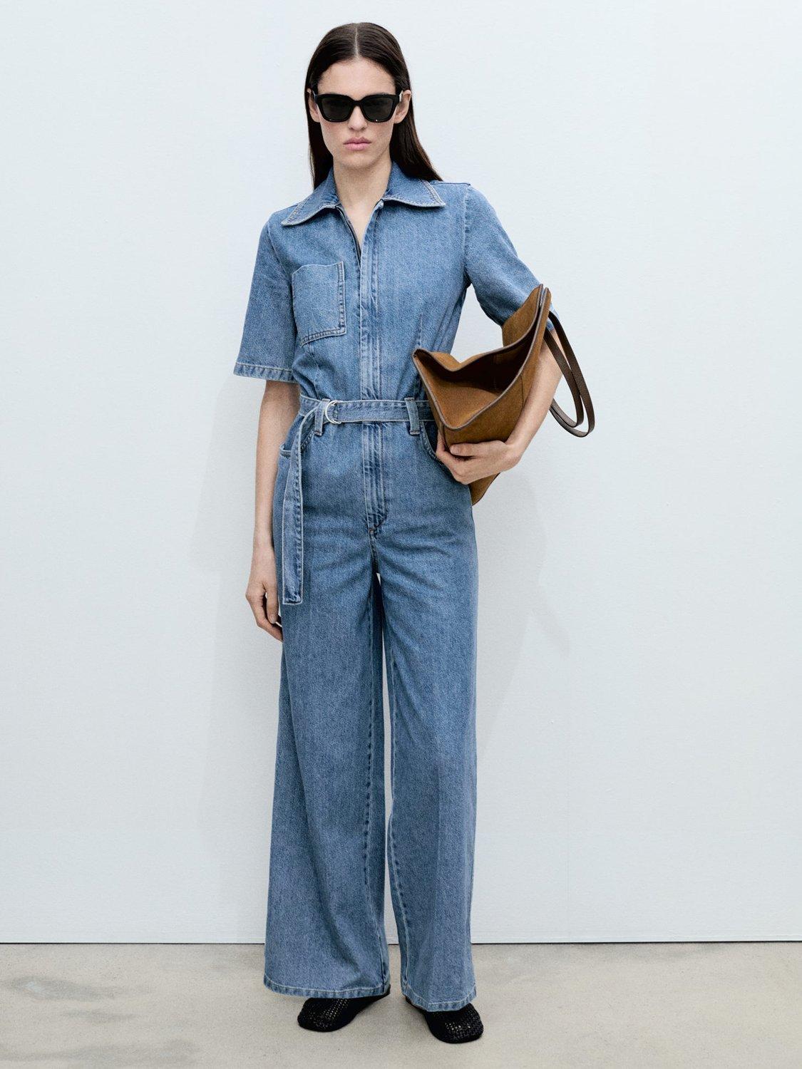 Product image 2 of 8, which shows Mango Fleur Denim Jumpsuit, Mid Blue, L