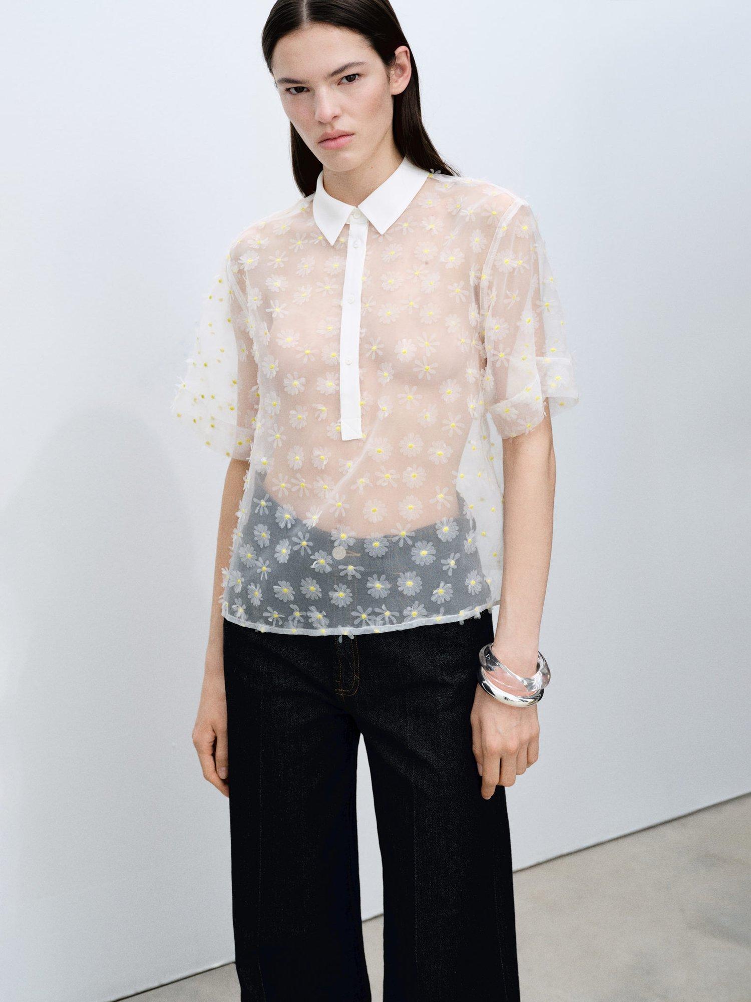 Product image 1 of 7, which shows Mango Dacy Floral Embroidered Sheer Shirt, Natural White, 10