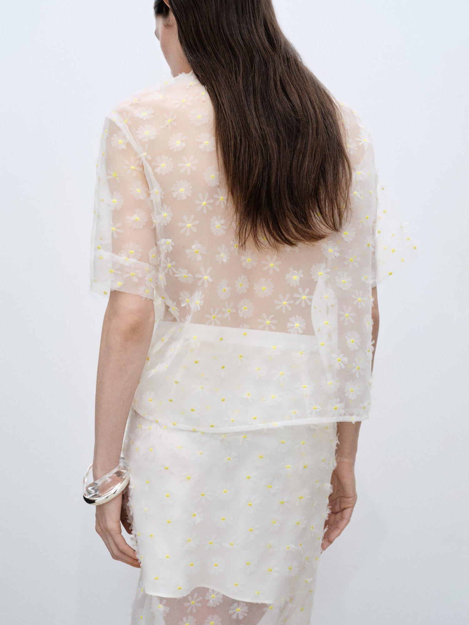 Product image 2 of 7, which shows Mango Dacy Floral Embroidered Sheer Shirt, Natural White, 10